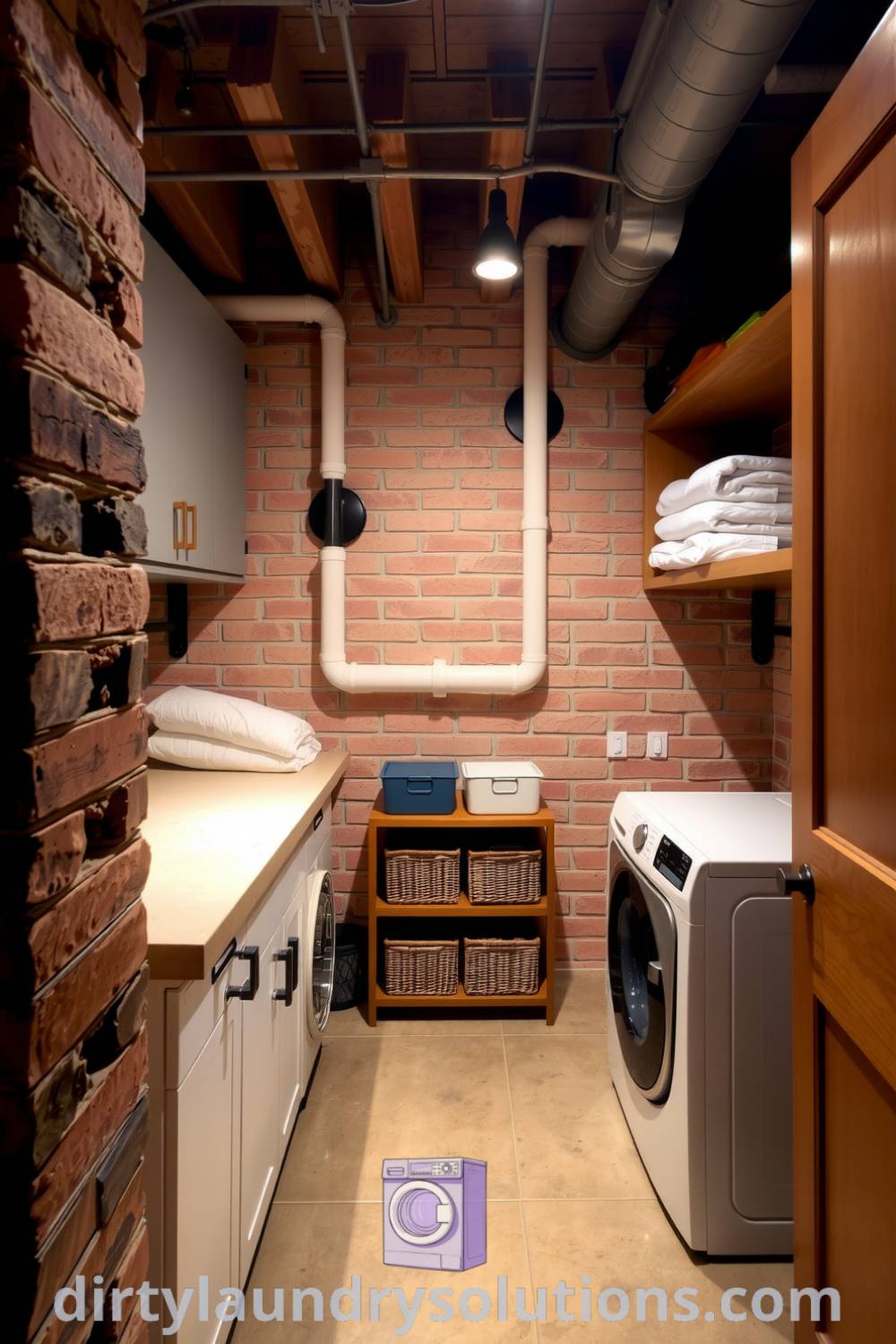 Cozy basement laundry with exposed brick walls, polished concrete floor, vintage Art Deco elements, and practical shelving that creates an inviting and stylish atmosphere. Discover more inspiring ideas for your home at dirtylaundrysolutions.com.