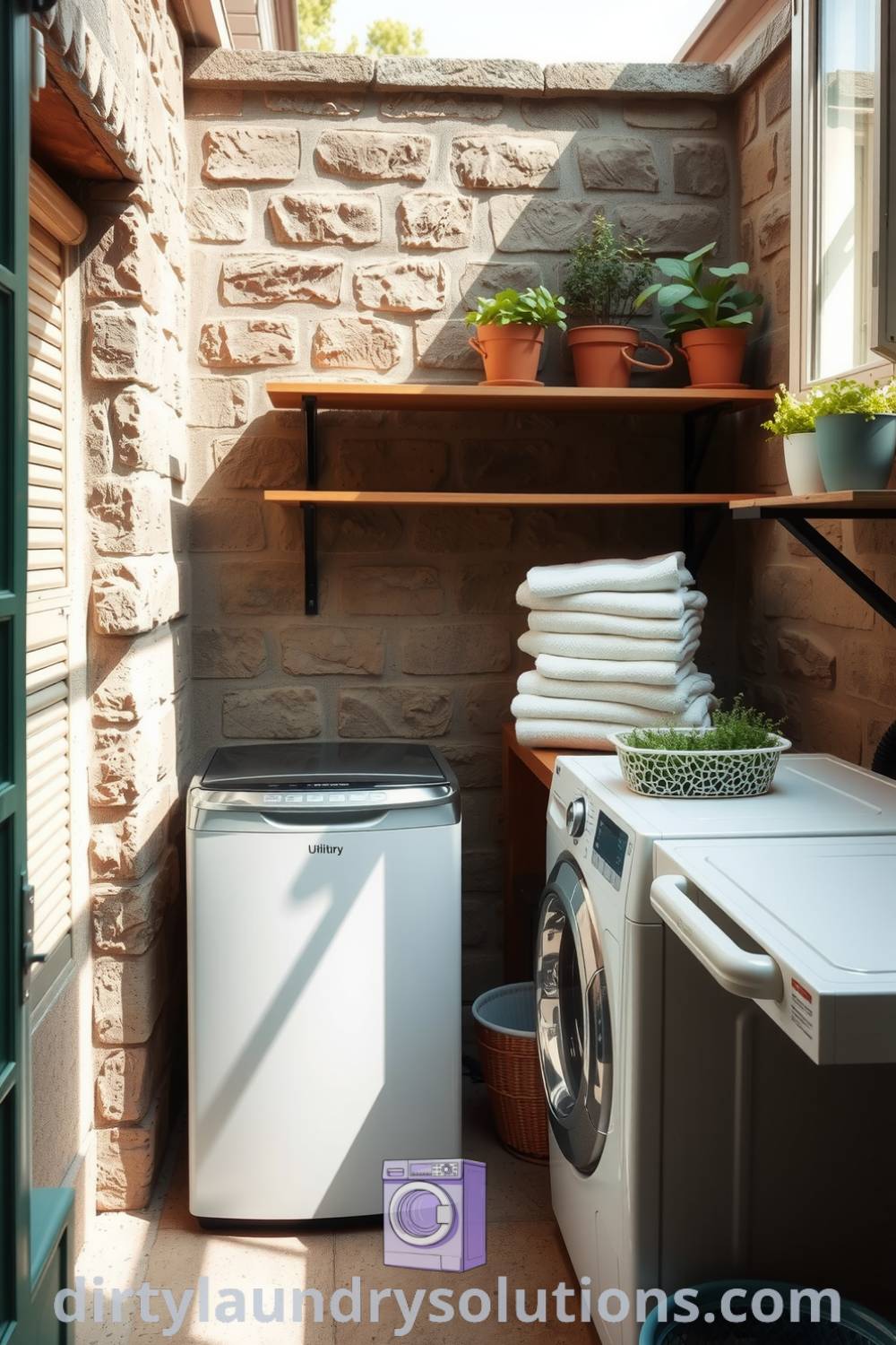 Cozy backyard laundry area featuring weathered stone walls, gleaming washer and dryer, neatly folded linens, and potted herbs, creating a practical yet inviting space. Discover more inspiring ideas for your home at dirtylaundrysolutions.com.