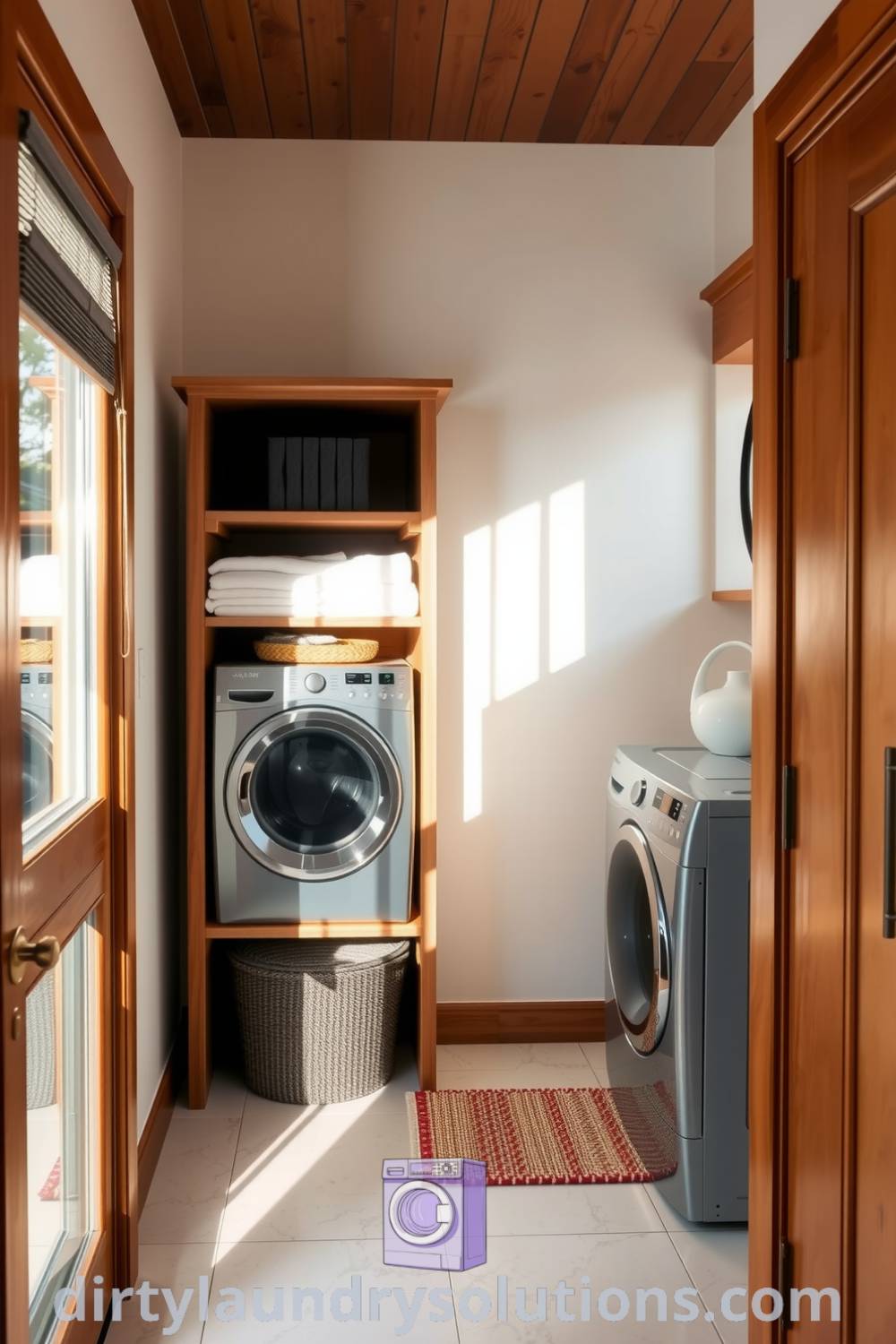 Cozy hallway laundry with soft-hued walls, polished wood accents, open shelving displaying towels, and a woven rug, creating an inviting atmosphere perfect for small spaces. Discover unique ideas for your home at dirtylaundrysolutions.com.
