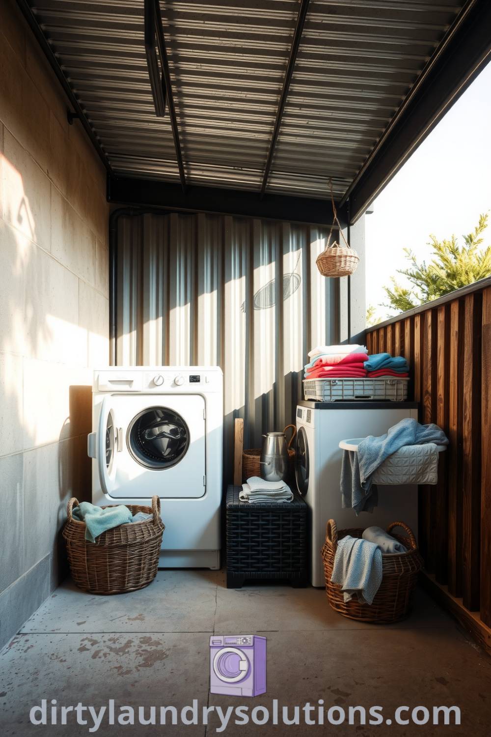 Cozy carport laundry nook with metal roof, gently filtered sunlight, and organized baskets of freshly laundered clothes, creating a comfortable and inviting atmosphere. Discover inspiring ideas for your home at dirtylaundrysolutions.com.