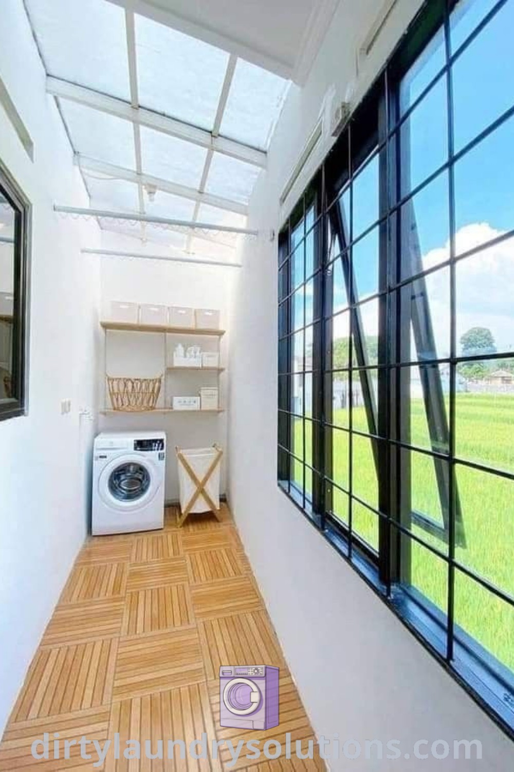 An empty outdoor laundry room featuring a washing machine in the corner and open windows on both sides, showcasing stylish laundry room decor ideas and small patio design inspirations. Discover outdoor laundry solutions at dirtylaundrysolutions.com.