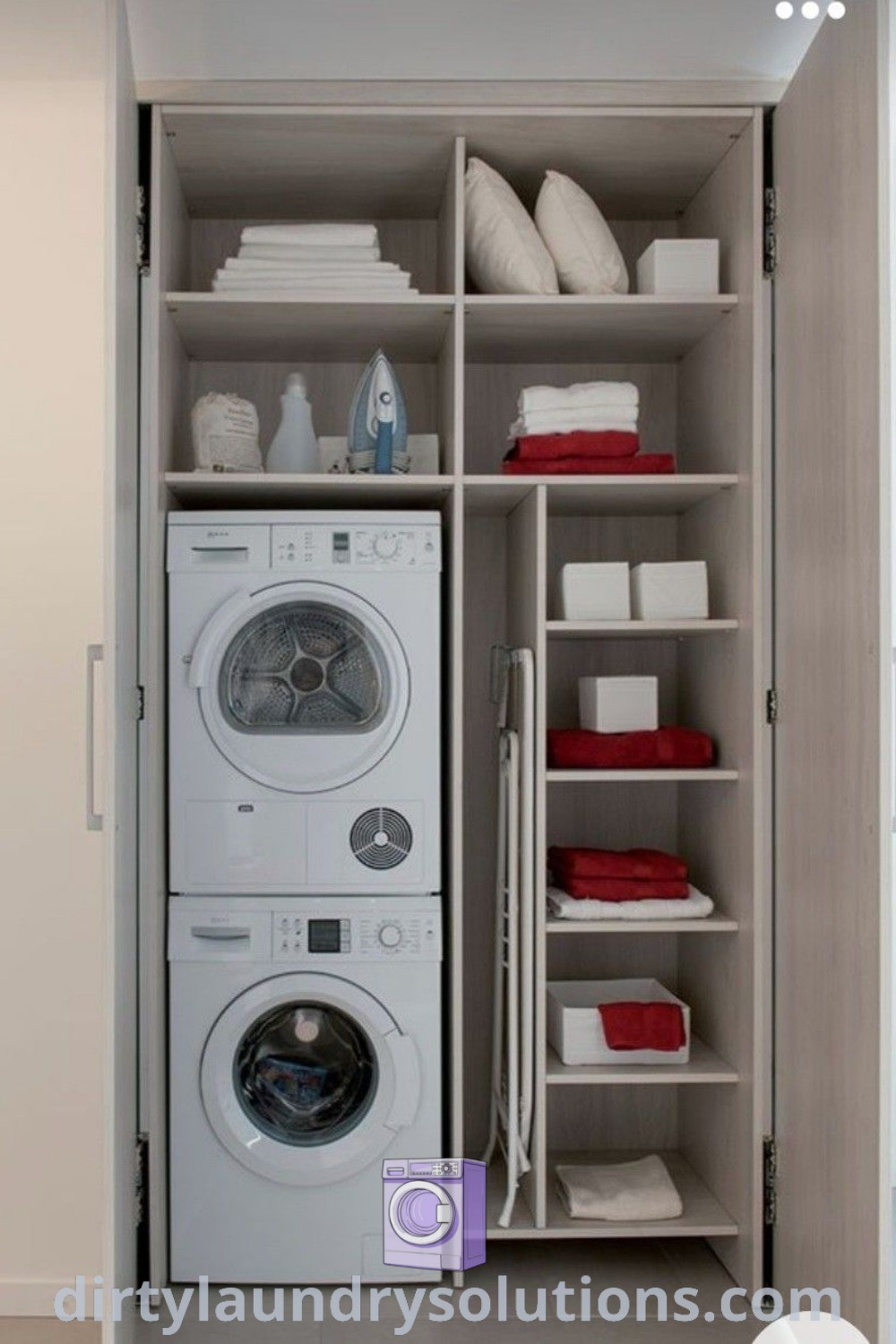 A cozy laundry cupboard showcasing a washer and dryer side by side in an open space, reflecting a clean apartment aesthetic and organization ideas for small spaces. Discover inspiring solutions for your home at dirtylaundrysolutions.com.