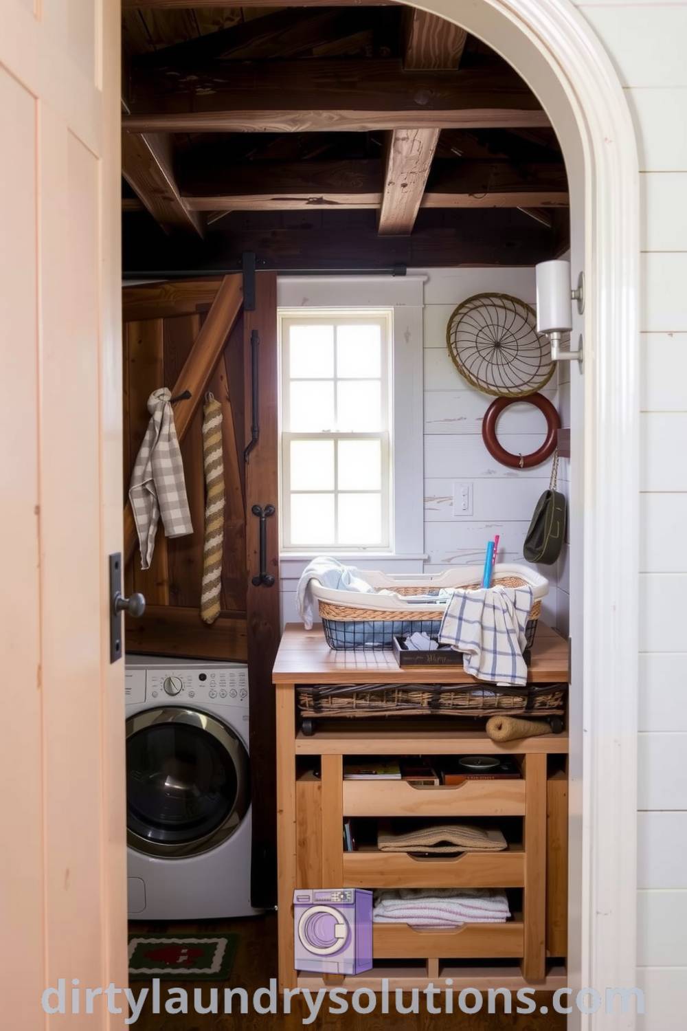 Cozy farmhouse laundry nook featuring a rustic barn door, weathered shiplap, wooden countertop with baskets of clothes, and warm sunlight creating an inviting atmosphere. Discover more inspiring ideas for small spaces at dirtylaundrysolutions.com.