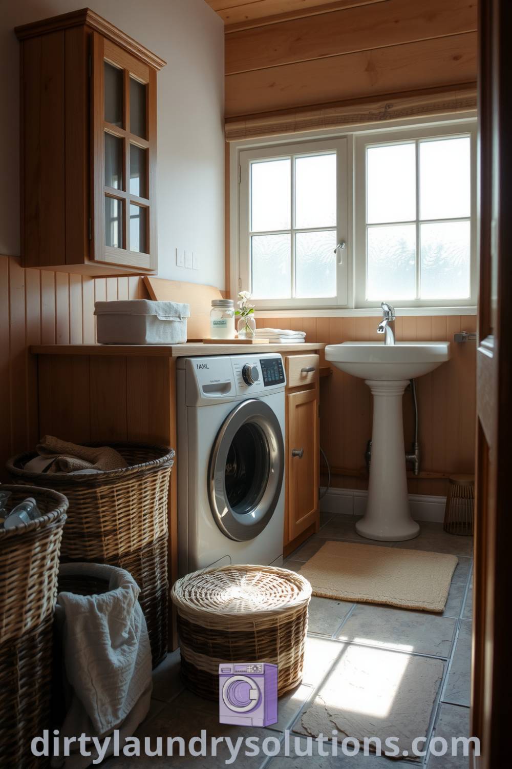Cozy laundry bathroom featuring light wooden cabinetry, a ceramic sink, and woven baskets for organized storage, all illuminated by soft natural light. Discover more unique ideas for small spaces at dirtylaundrysolutions.com.