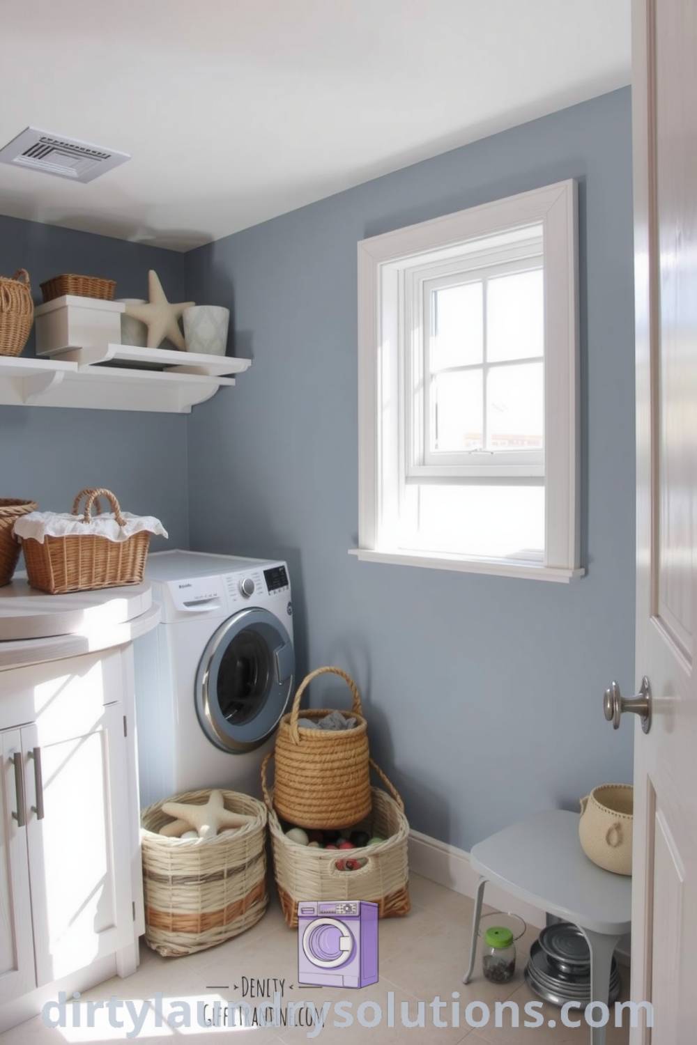 Cozy coastal basement laundry featuring pale wood cabinetry, soft blue walls, beach-themed decor, and woven baskets for texture and warmth. Discover inspiring ideas for your home at dirtylaundrysolutions.com.