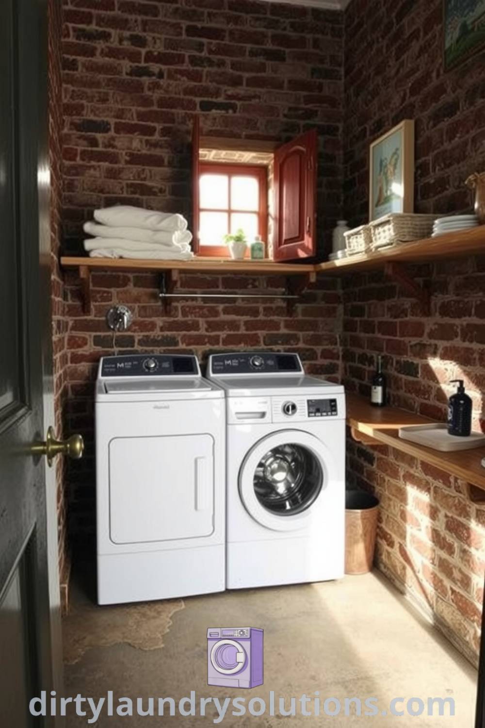 Cozy hidden laundry with exposed brick walls, vintage fixtures, and wooden shelves for organization, creating an inviting atmosphere. Discover inspiring ideas for your home at dirtylaundrysolutions.com.