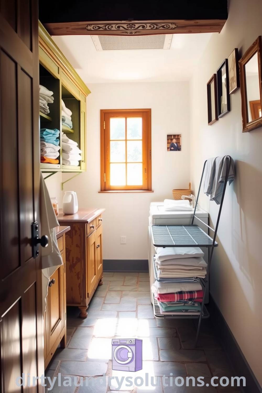 Cozy hallway laundry featuring soft light, stone-tiled floor, weathered cabinets with neatly folded linens, and a metal drying rack, offering design ideas for small spaces that inspire comfort and organization. Find unique ideas at dirtylaundrysolutions.com.