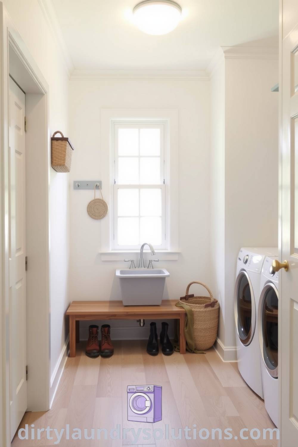 Minimalist mudroom laundry with soft white walls, light wood flooring, a wooden bench, and a small sink, showcasing cozy organization ideas for small spaces. Explore inspiring design ideas at dirtylaundrysolutions.com.