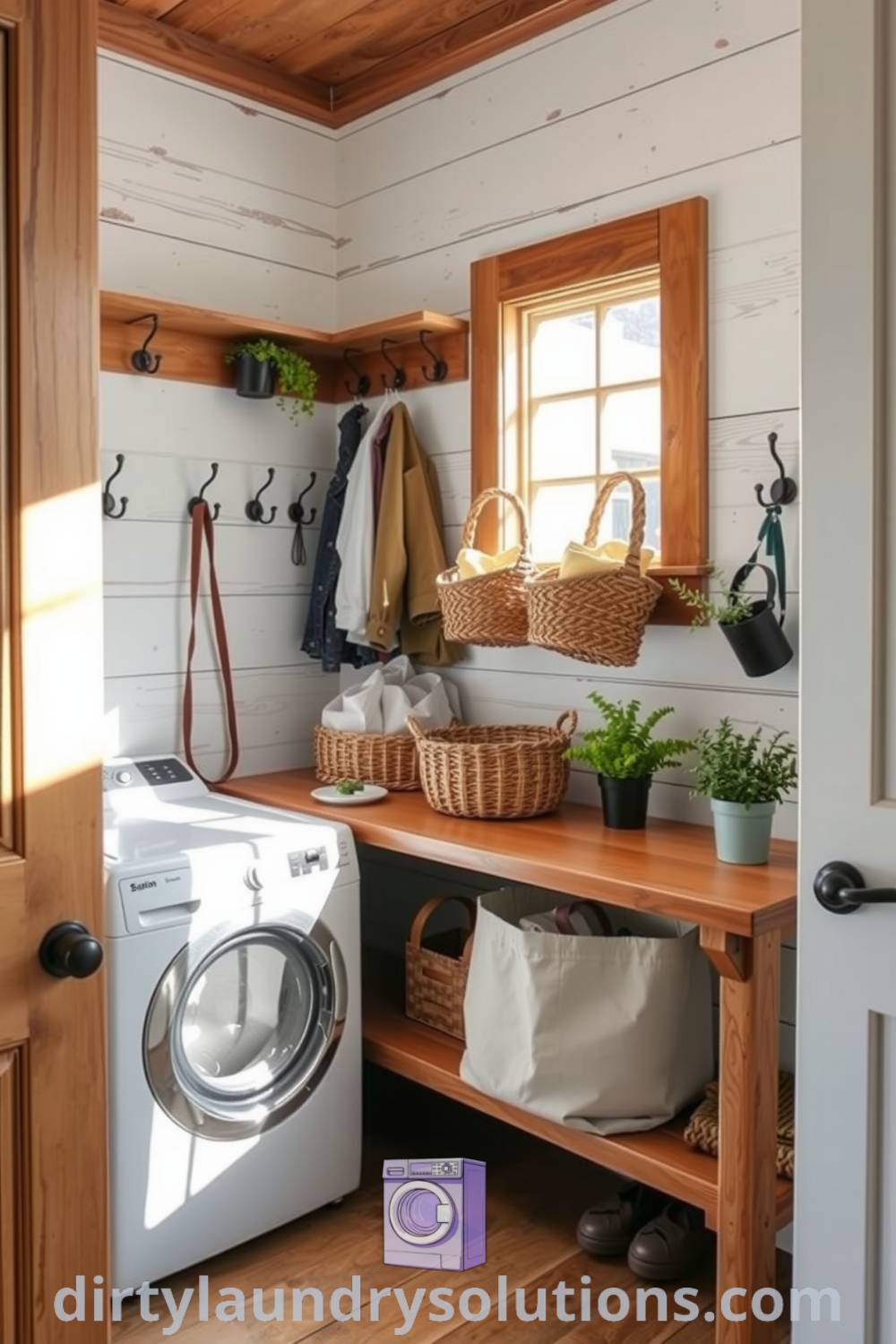 Cozy farmhouse laundry with shiplap walls, handmade workbench, iron hooks, woven baskets, and potted herbs, beautifully blending rustic charm and practicality. Explore unique ideas for your home at dirtylaundrysolutions.com.