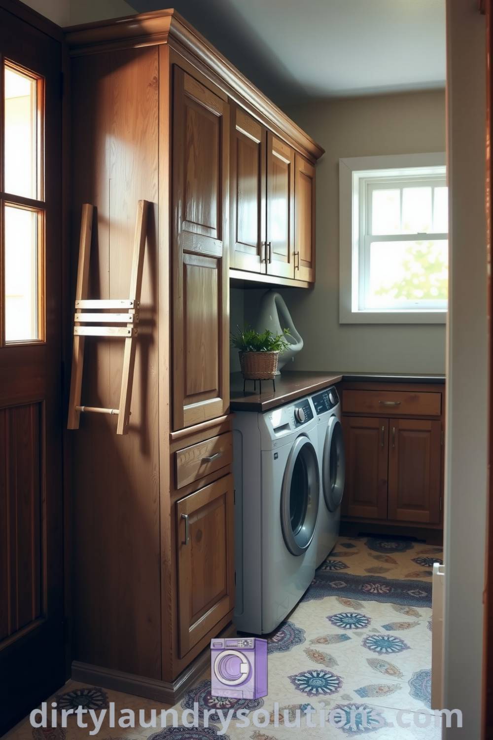 Cozy hallway laundry featuring weathered wooden cabinets, a vintage drying rack, and natural light illuminating tiled floors, creating an inviting atmosphere. Discover inspiring ideas for your home at dirtylaundrysolutions.com.