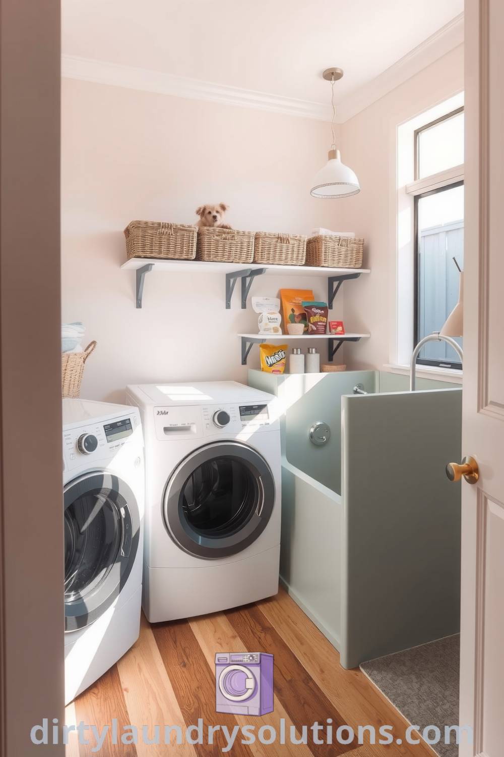 Serene laundry corner with a washer, dryer, and sleek pet wash shower, featuring polished concrete and warm wood floors. Discover inspiring ideas for your home at dirtylaundrysolutions.com.