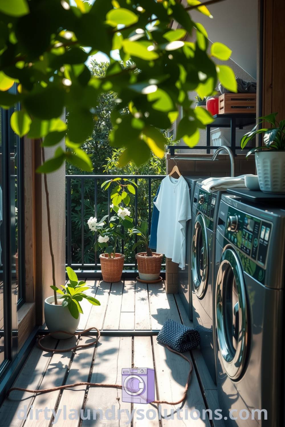 Cozy balcony laundry space with weathered wood planks, sleek appliances, freshly laundered clothes, and potted plants, creating an inviting atmosphere. Explore inspiring ideas for your home at dirtylaundrysolutions.com.