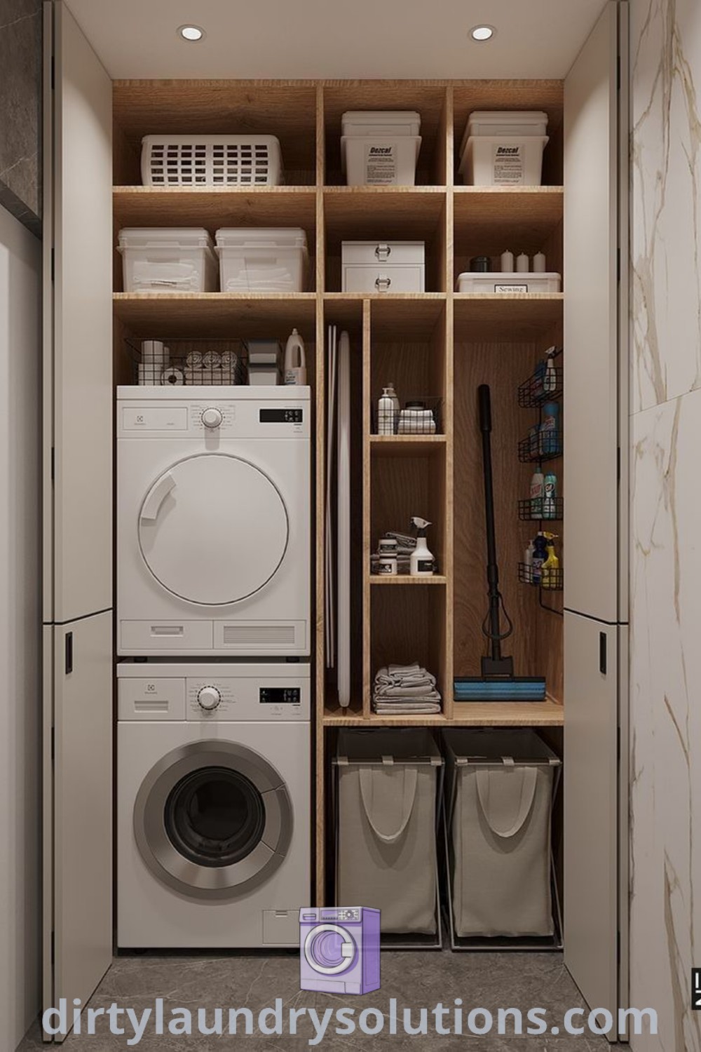 A modern laundry room with a washer and dryer tucked into a small area, featuring stylish shelves on the wall, showcasing ideas for small spaces and organization. Explore more inspiring laundry room designs at dirtylaundrysolutions.com.