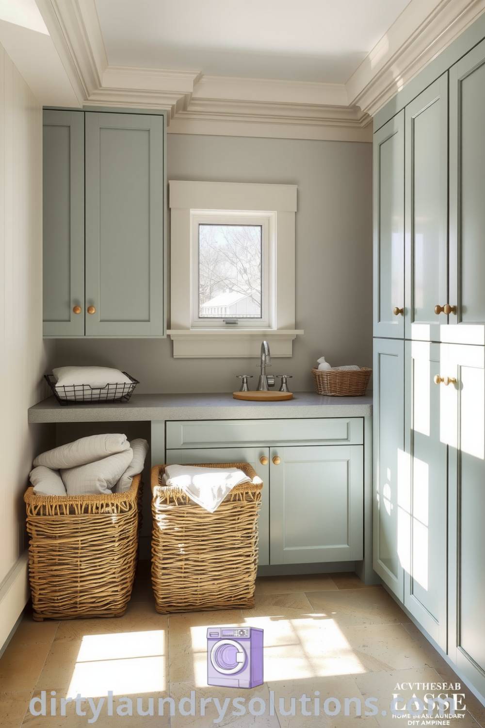 Cozy coastal basement laundry featuring cool-toned cabinets, driftwood accents, a stone countertop, and wicker baskets for organizing laundry essentials, creating an inviting atmosphere for small spaces. Discover inspiring ideas for your home at dirtylaundrysolutions.com.