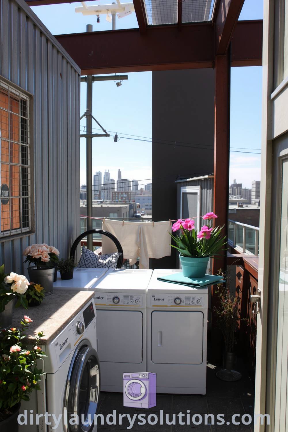 Sunlit rooftop laundry area featuring weathered metal siding, potted plants, and practical washers and dryers, creating a cozy aesthetic with a blend of rustic charm and urban practicality. Discover more unique ideas for your home at dirtylaundrysolutions.com.