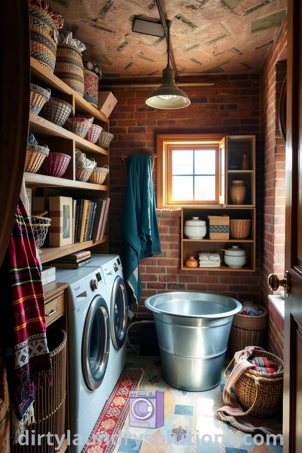 Cozy basement laundry with exposed brick walls, vintage metal tub, colorful baskets, and vibrant textiles, creating an inviting and artistic atmosphere. Discover unique ideas for your home at dirtylaundrysolutions.com.