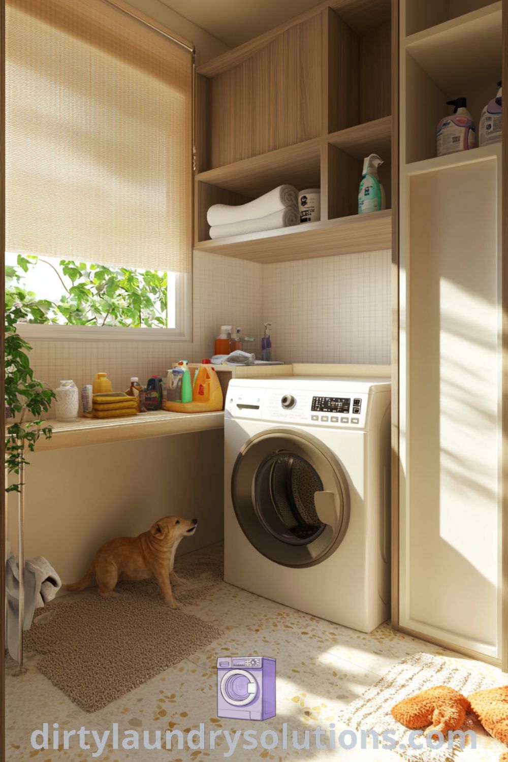 Washer and dryer room with a spacious pet shower, tile flooring, mixed cabinetry, and natural light creating a cozy atmosphere ideal for pets and owners. Explore unique ideas for your home at dirtylaundrysolutions.com.