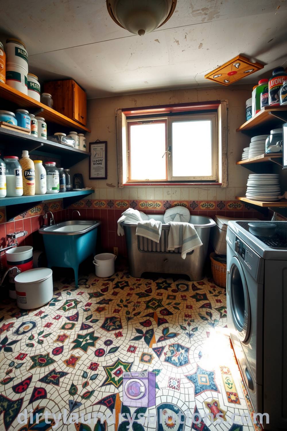 Retro basement laundry with colorful mosaic tile floor, wooden shelves filled with jars of detergents, a sturdy wash basin, and a soft-lighting atmosphere, offering cozy design ideas for your home at dirtylaundrysolutions.com.