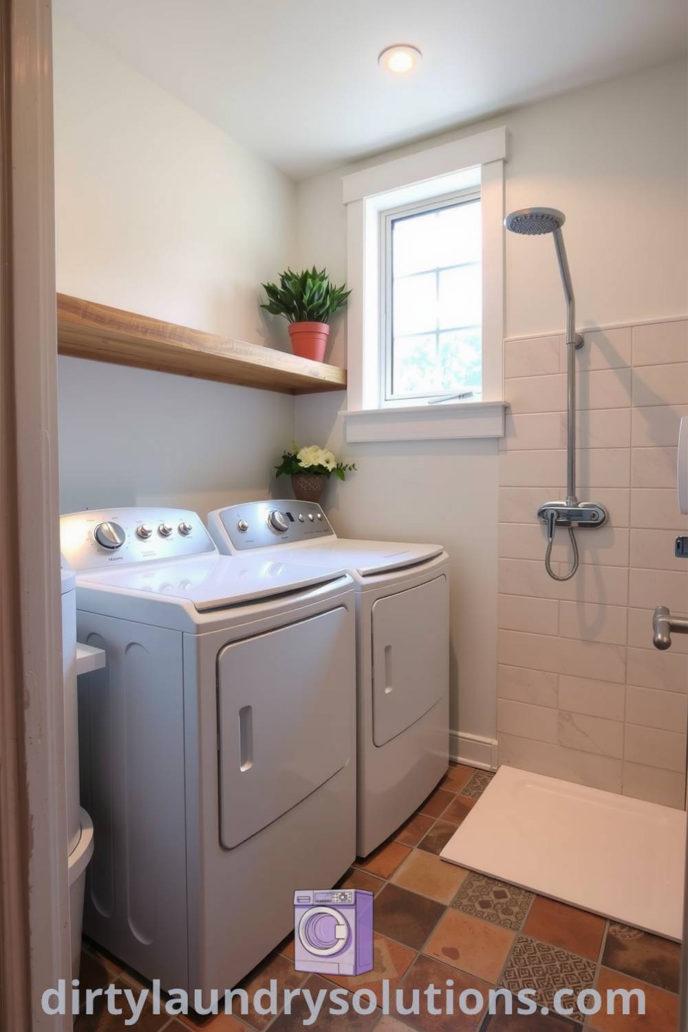 Bright laundry room featuring a washer and dryer, rustic tile floor, wooden shelf, wall-mounted pet wash shower, and vibrant potted plant, embodying cozy ideas and inspiring design for your home. Discover more solutions to freshen up your space at dirtylaundrysolutions.com.
