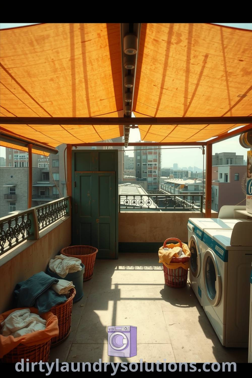 Cozy rooftop laundry area with wrought-iron railing, weathered wooden beams, and sunlight spilling across the floor, creating an inviting atmosphere perfect for small spaces. Discover unique ideas for your home at dirtylaundrysolutions.com.