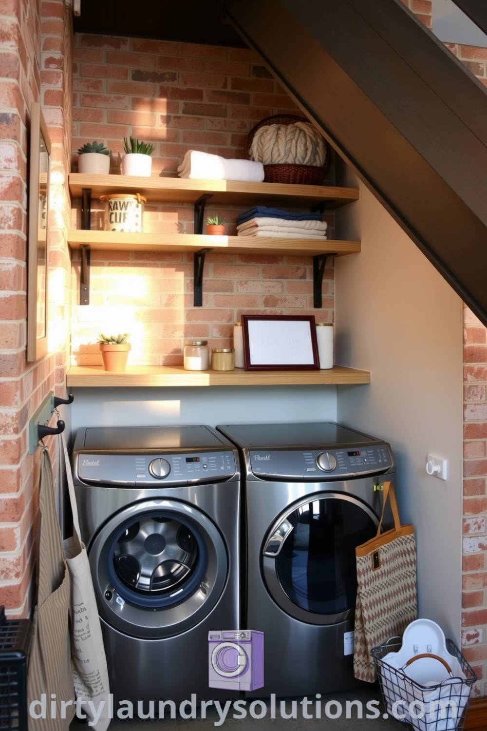 Cozy laundry nook with weathered wood shelves, succulents, and neatly folded towels, featuring soft lighting and hooks for organization, ideal for small spaces. Discover more cozy ideas for your home at dirtylaundrysolutions.com.