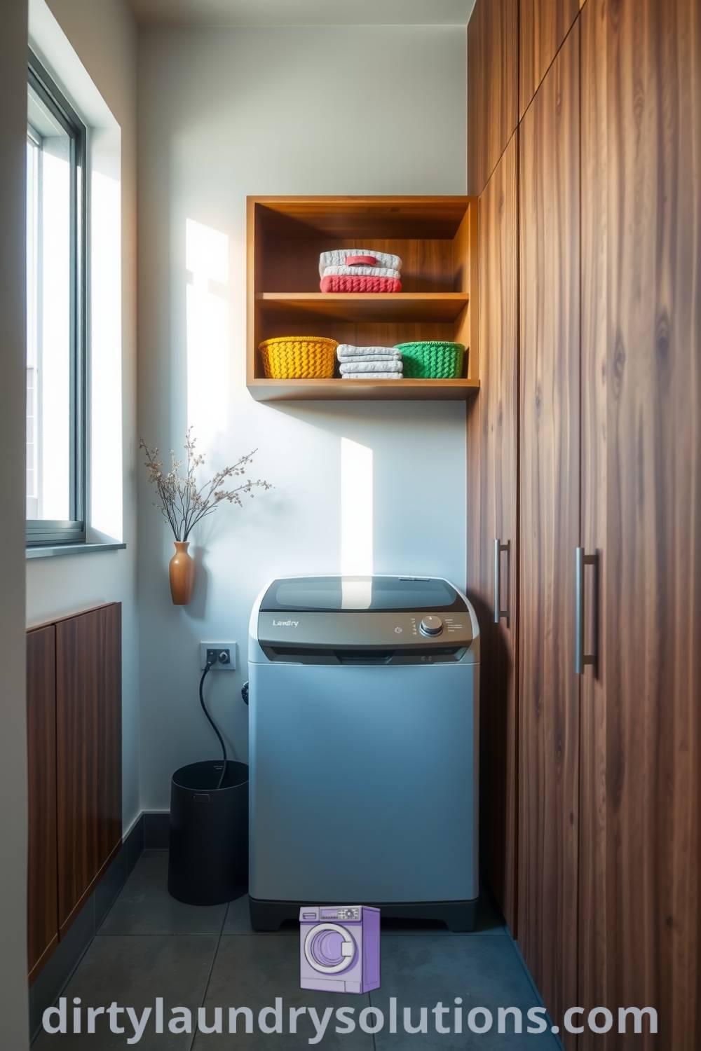 Modern hallway laundry featuring warm wood cabinetry, polished concrete floors, open shelving with folded linens and vibrant storage baskets, creating a cozy and functional atmosphere. Explore inspiring ideas for small spaces at dirtylaundrysolutions.com.