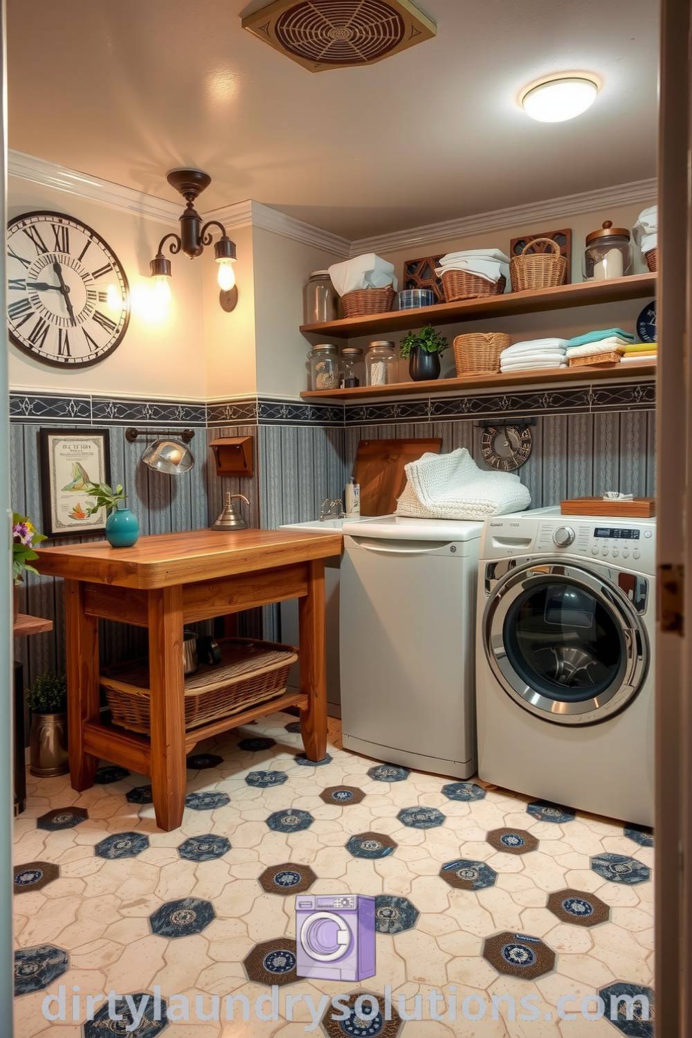 Cozy Art Deco basement laundry with intricate geometric wall patterns, polished metal accents, sturdy wooden worktable, and organized shelves, offering style and function. Discover more unique ideas for your home at dirtylaundrysolutions.com.