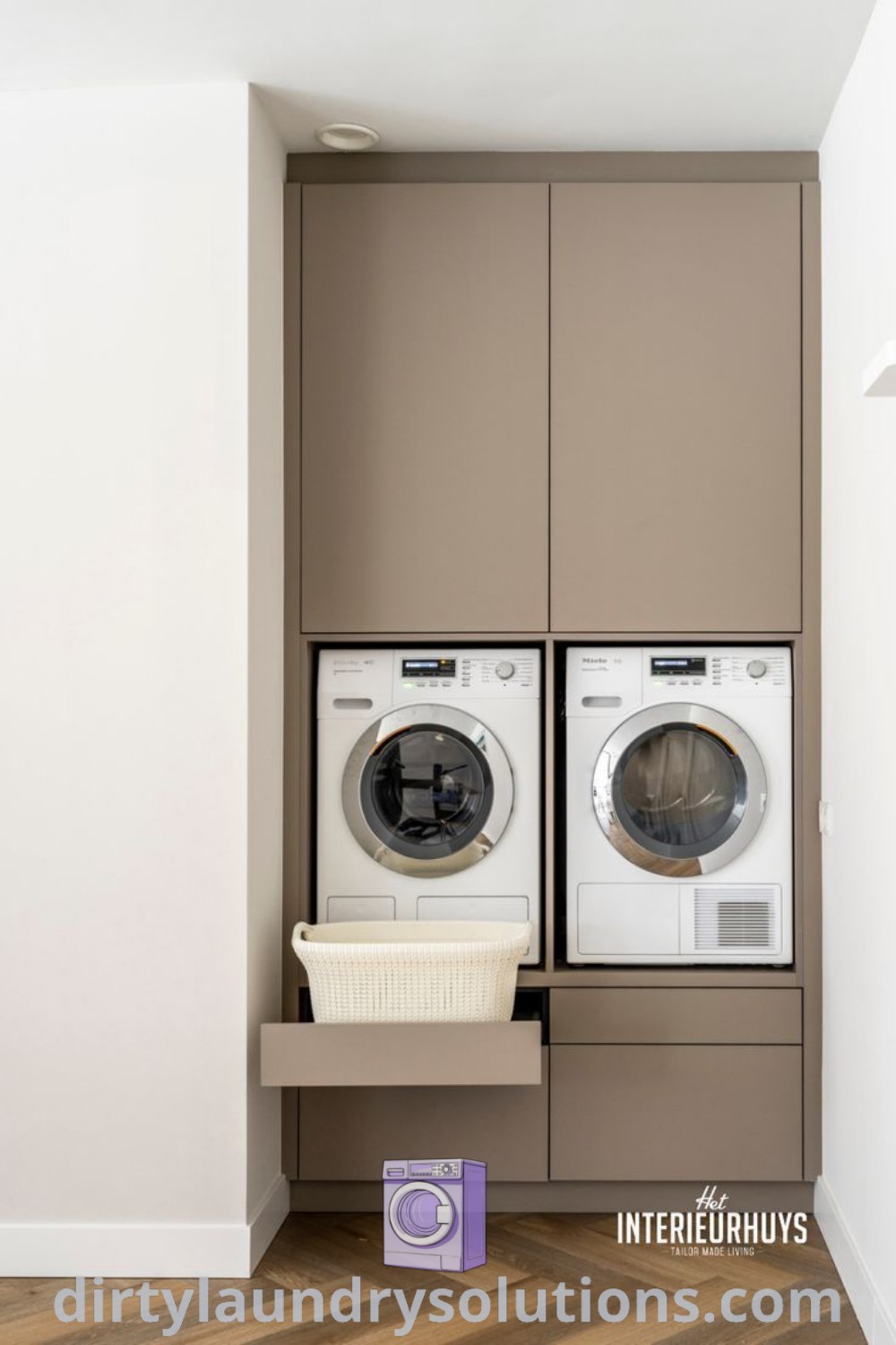 A modern laundry room with a built-in washer and dryer in the corner, complemented by stylish cabinets and organization ideas. Discover inspiring designs for small laundry spaces and solutions to freshen up your home at dirtylaundrysolutions.com.