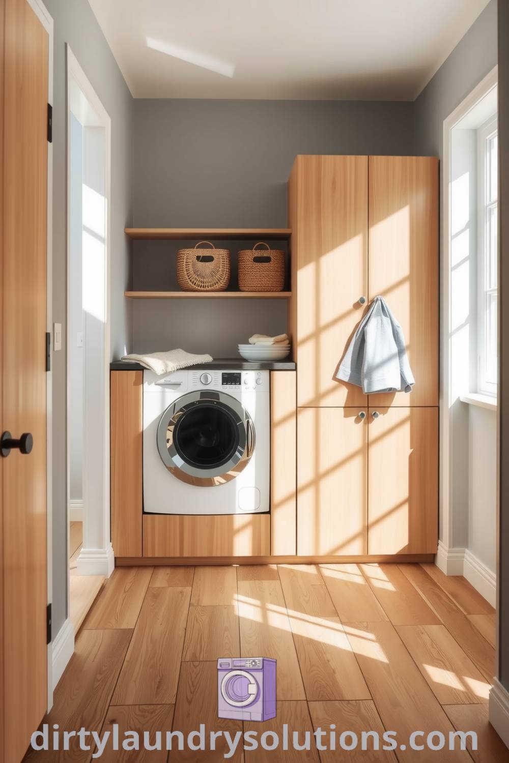 Cozy Scandinavian laundry nook featuring light wood cabinetry, soft-hued walls, open shelving for baskets, and ample natural light, creating a serene and inviting atmosphere. Explore inspiring ideas for small spaces at dirtylaundrysolutions.com.