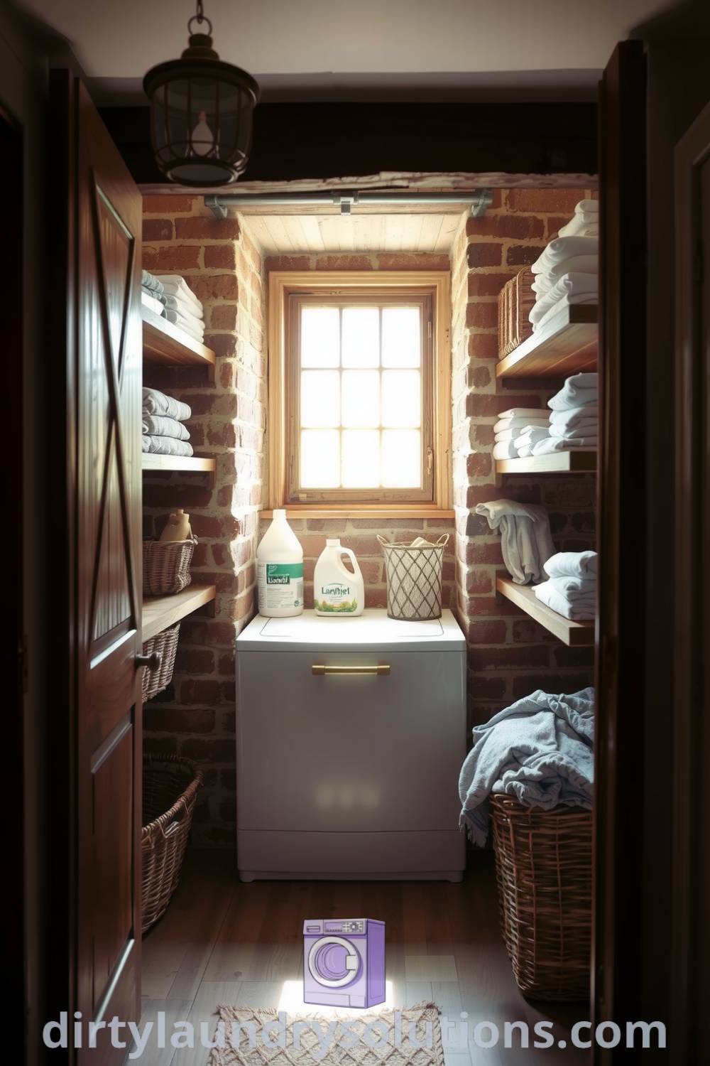 Cozy farmhouse laundry nook featuring rustic wooden door, exposed brick walls, and organized shelves filled with linen baskets, creating an inviting atmosphere for chores. Find more unique ideas for your home at dirtylaundrysolutions.com.