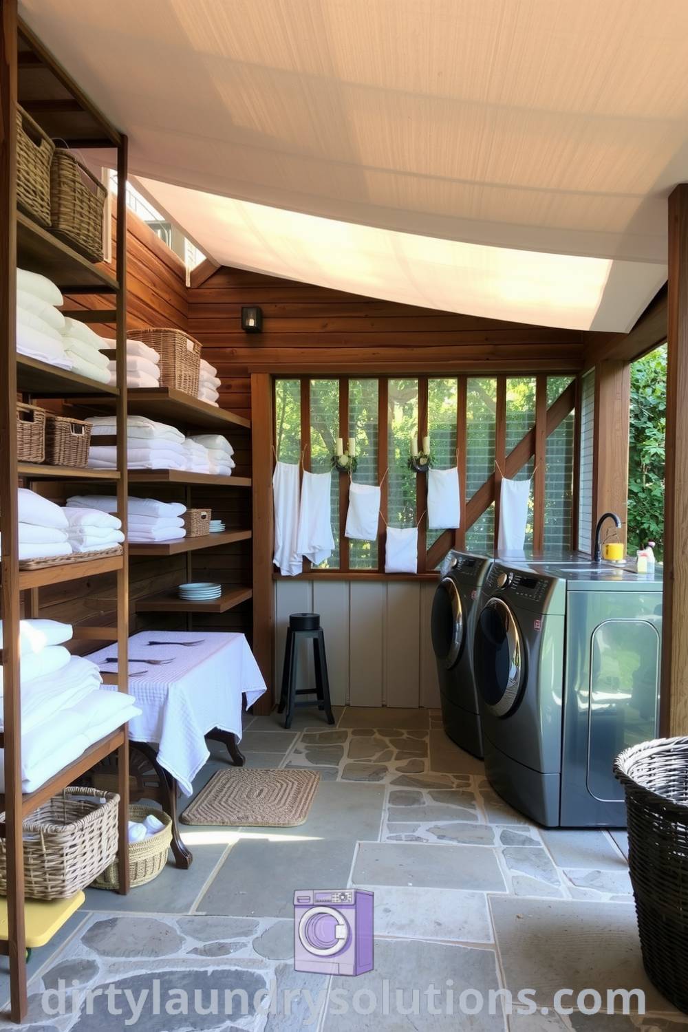 Cozy outdoor laundry space on a covered patio with rustic wooden shelving, neatly folded linens, baskets, and shiny metal washers and dryers, creating a tranquil atmosphere. Discover inspiring ideas for your home at dirtylaundrysolutions.com.