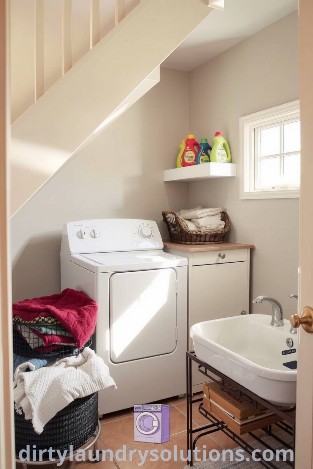 Cozy laundry room under the stairs featuring soft lighting, gently worn tiles, neatly folded towels, vibrant fabric softeners, and a vintage basket, blending functionality with charm. Explore inspiring ideas for small spaces at dirtylaundrysolutions.com.