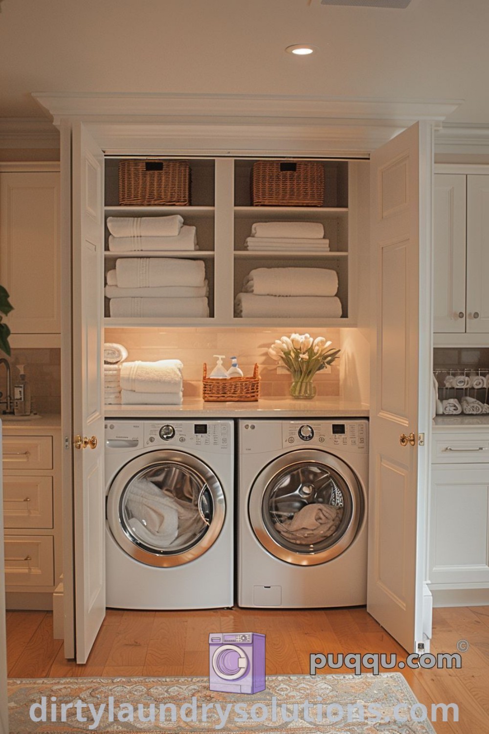 A small laundry room with a washer and dryer surrounded by white cabinets, showcasing clever storage solutions for tiny spaces. Discover cozy and functional designs for your home at dirtylaundrysolutions.com.