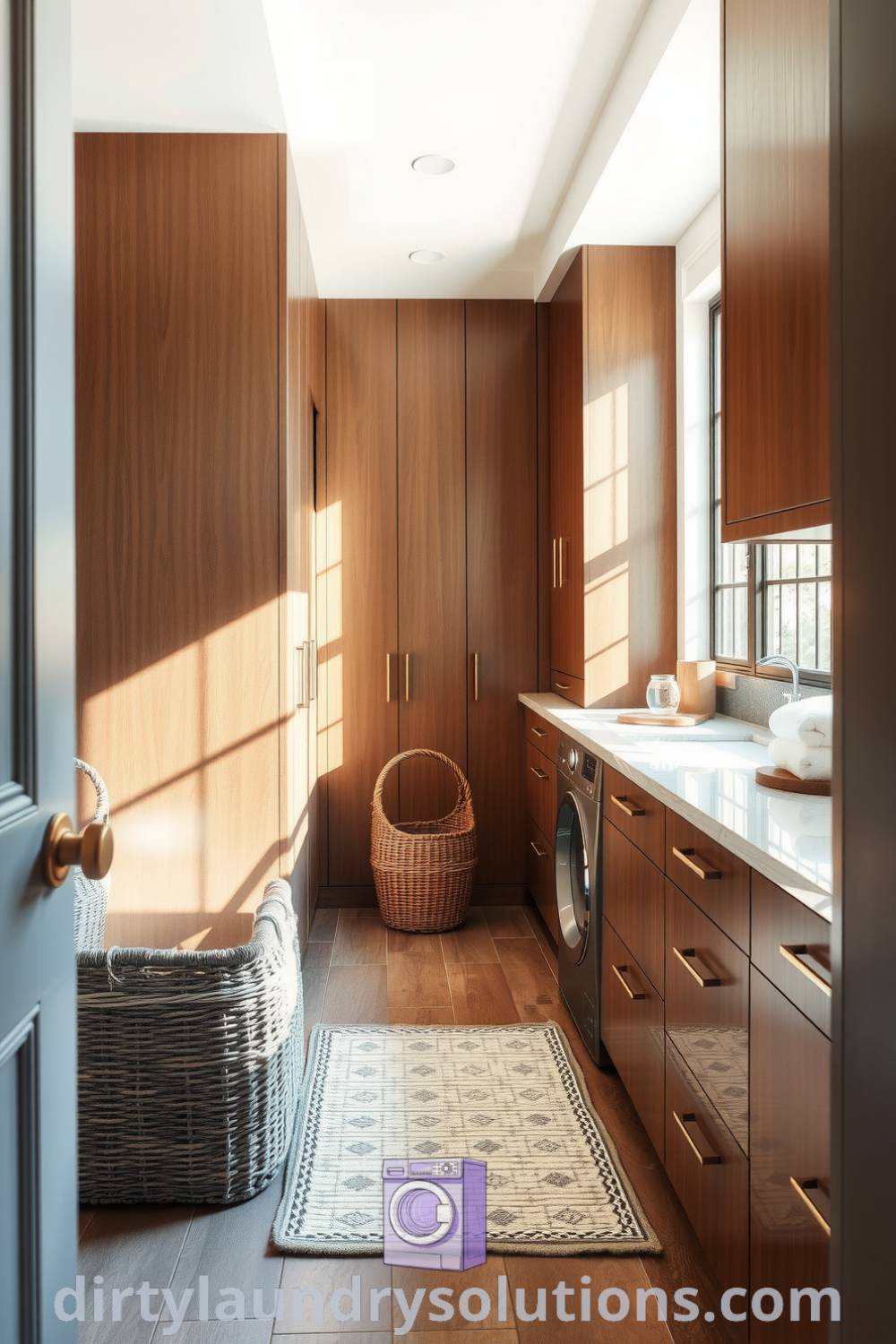 Elegant laundry area featuring sleek wooden cabinetry, soft textiles, woven baskets for organization, and natural light, radiating comfort and sophistication. Explore inspiring design ideas for your home at dirtylaundrysolutions.com.