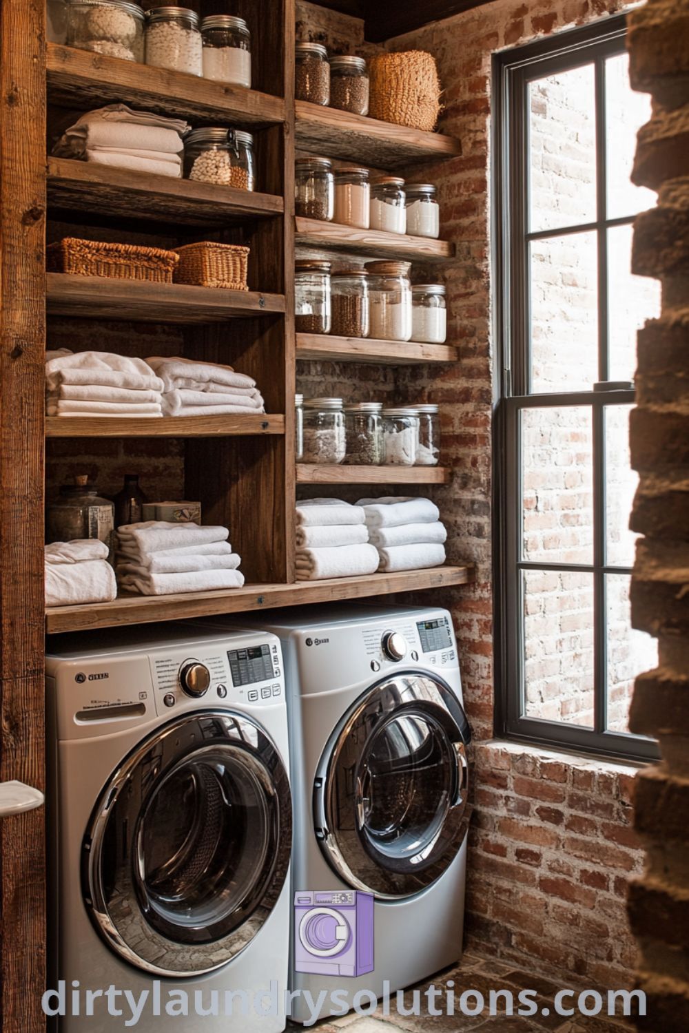 Cozy loft laundry room with stacked washer and dryer, rustic shelving, exposed brick walls, warm wood accents, and filtered light, showcasing design ideas for small spaces. Explore inspiring ideas for your home at dirtylaundrysolutions.com.