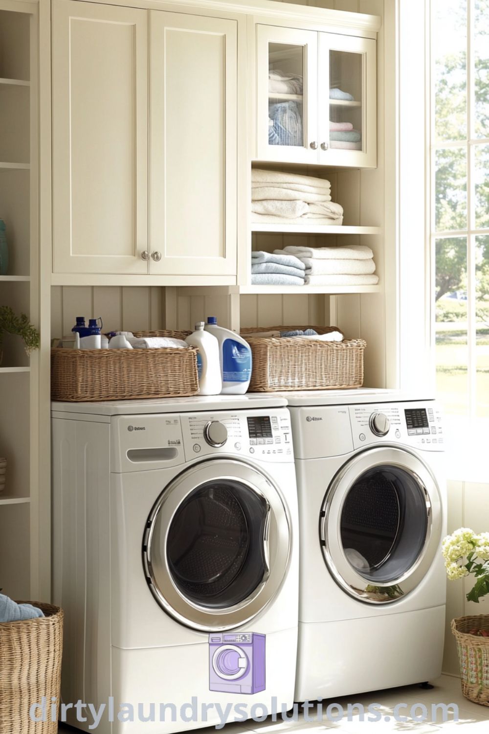 Cozy laundry room featuring a stacked washer and dryer, white cabinets, and sunlight illuminating ceramic tiles, accented with woven baskets and colorful supplies. Discover unique ideas for your home at dirtylaundrysolutions.com.