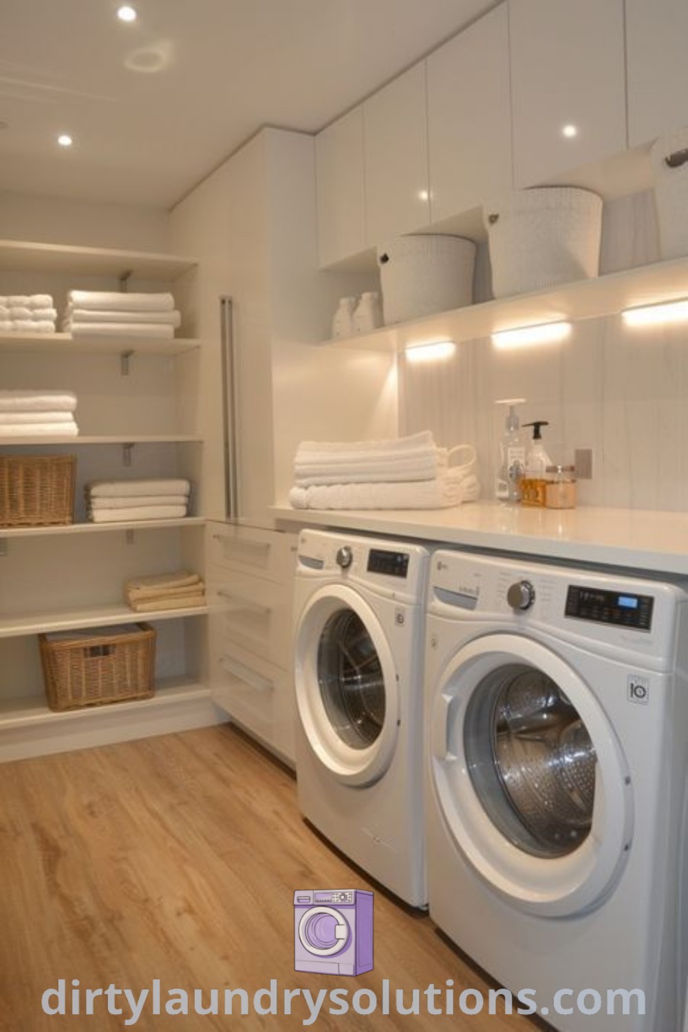 A cozy laundry room with a washer and dryer, white walls, wooden floors, and shelving, showcasing clever organization ideas. Explore inspiring design ideas for your home at dirtylaundrysolutions.com.