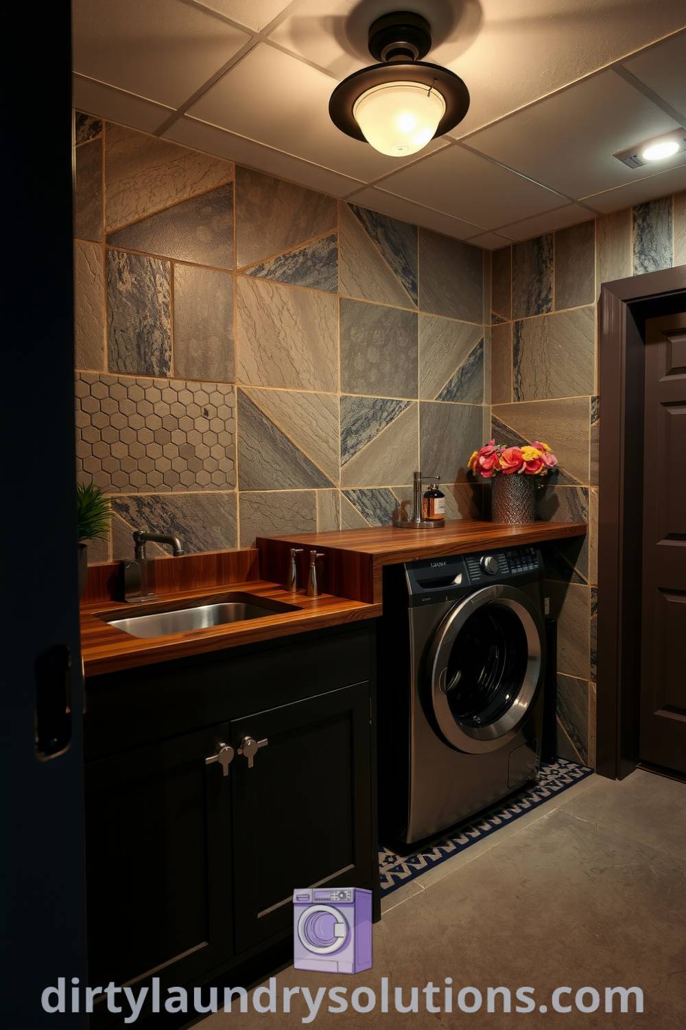 Art Deco basement laundry featuring geometric designs, vintage charm, polished concrete floor, and elegant metal fittings, creating inspiring cozy ideas for your home. Discover more unique ideas at dirtylaundrysolutions.com.