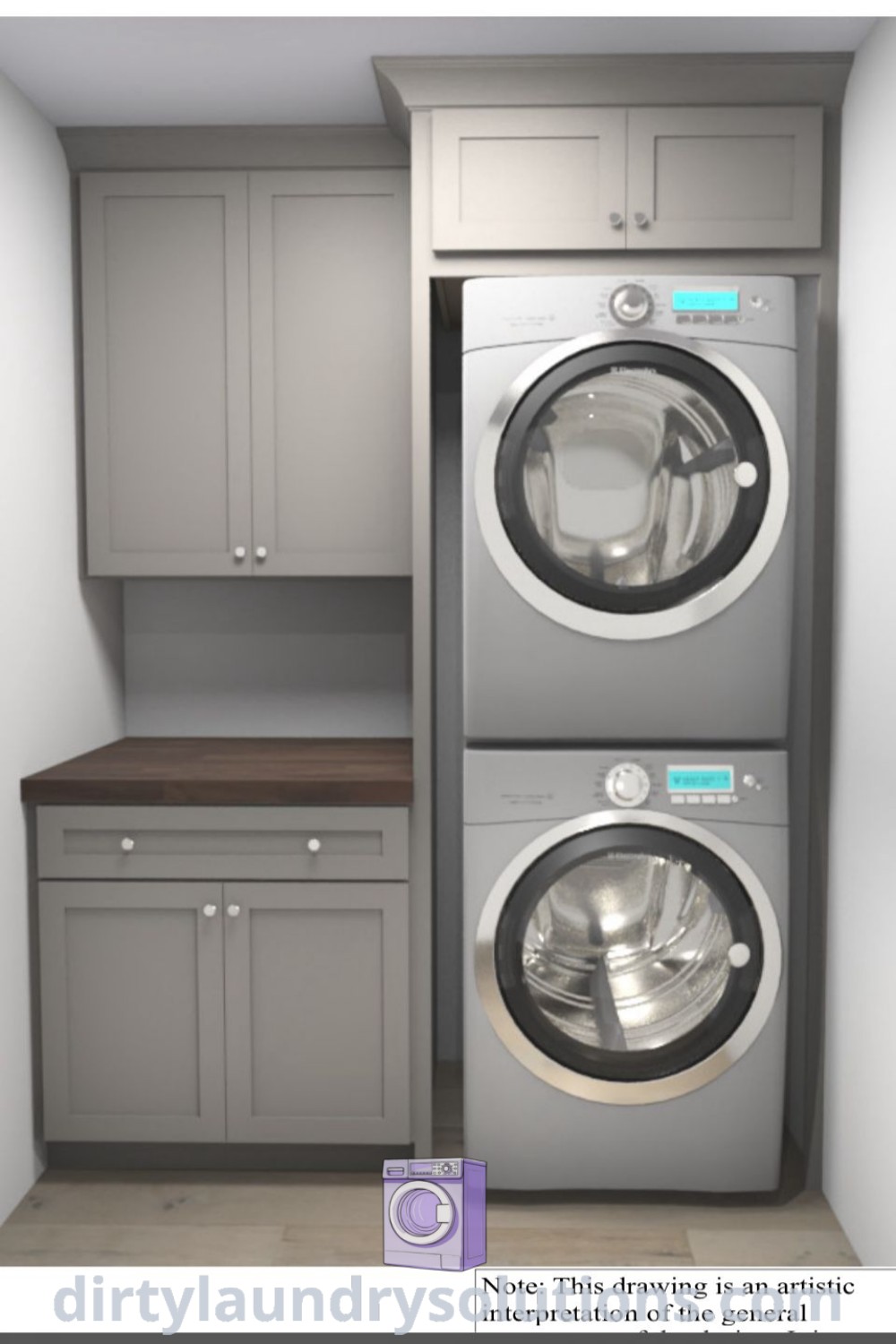 A laundry room showcasing a stackable washer and dryer with cabinets overhead, exemplifying cozy ideas and inspiration for small spaces. Discover organization ideas and stylish solutions at dirtylaundrysolutions.com.