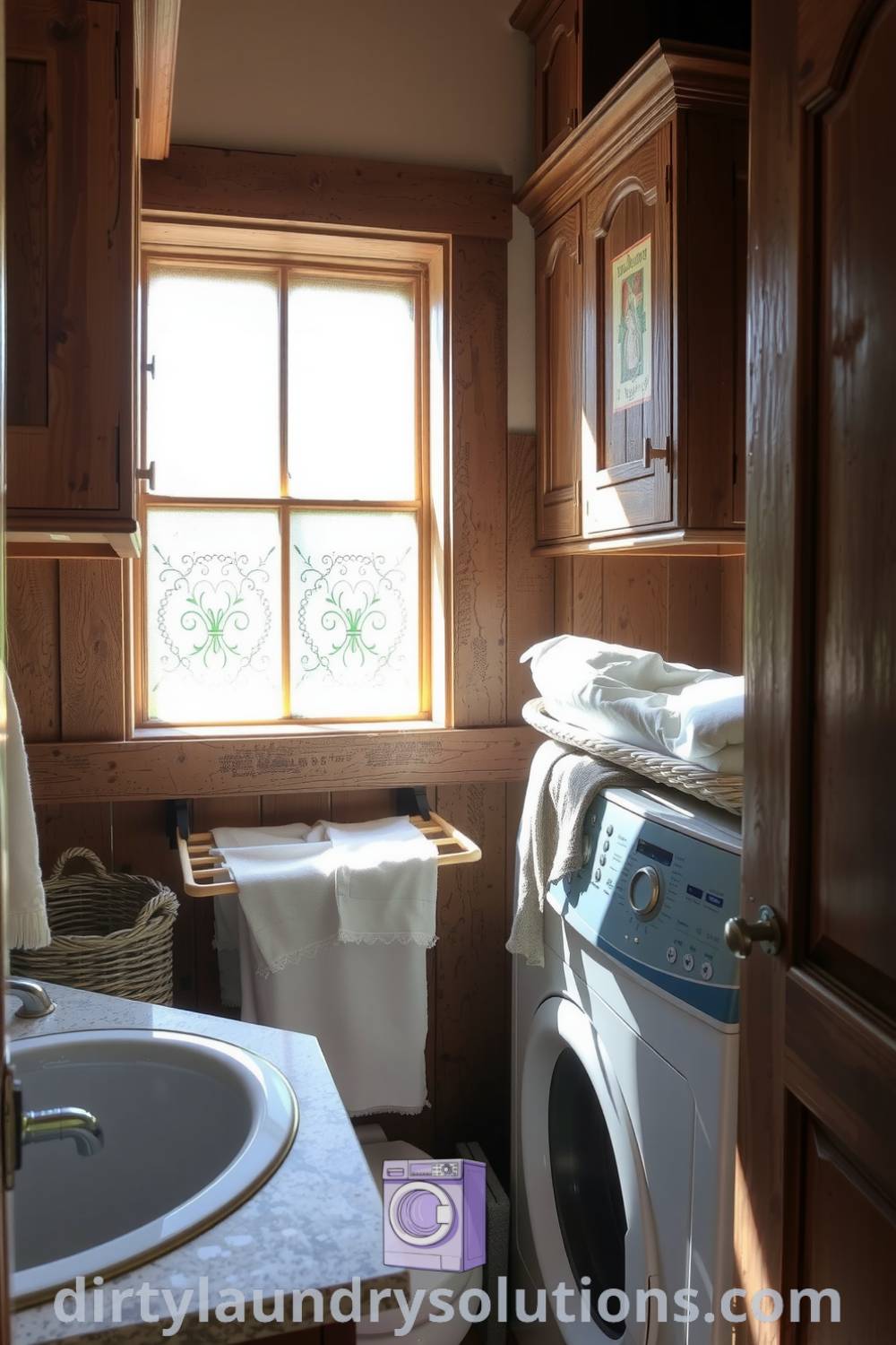 Cozy bathroom laundry nook featuring distressed wood cabinetry, weathered stone countertop, vintage drying rack, and natural textures that create a warm atmosphere. Discover inspiring ideas for your home at dirtylaundrysolutions.com.