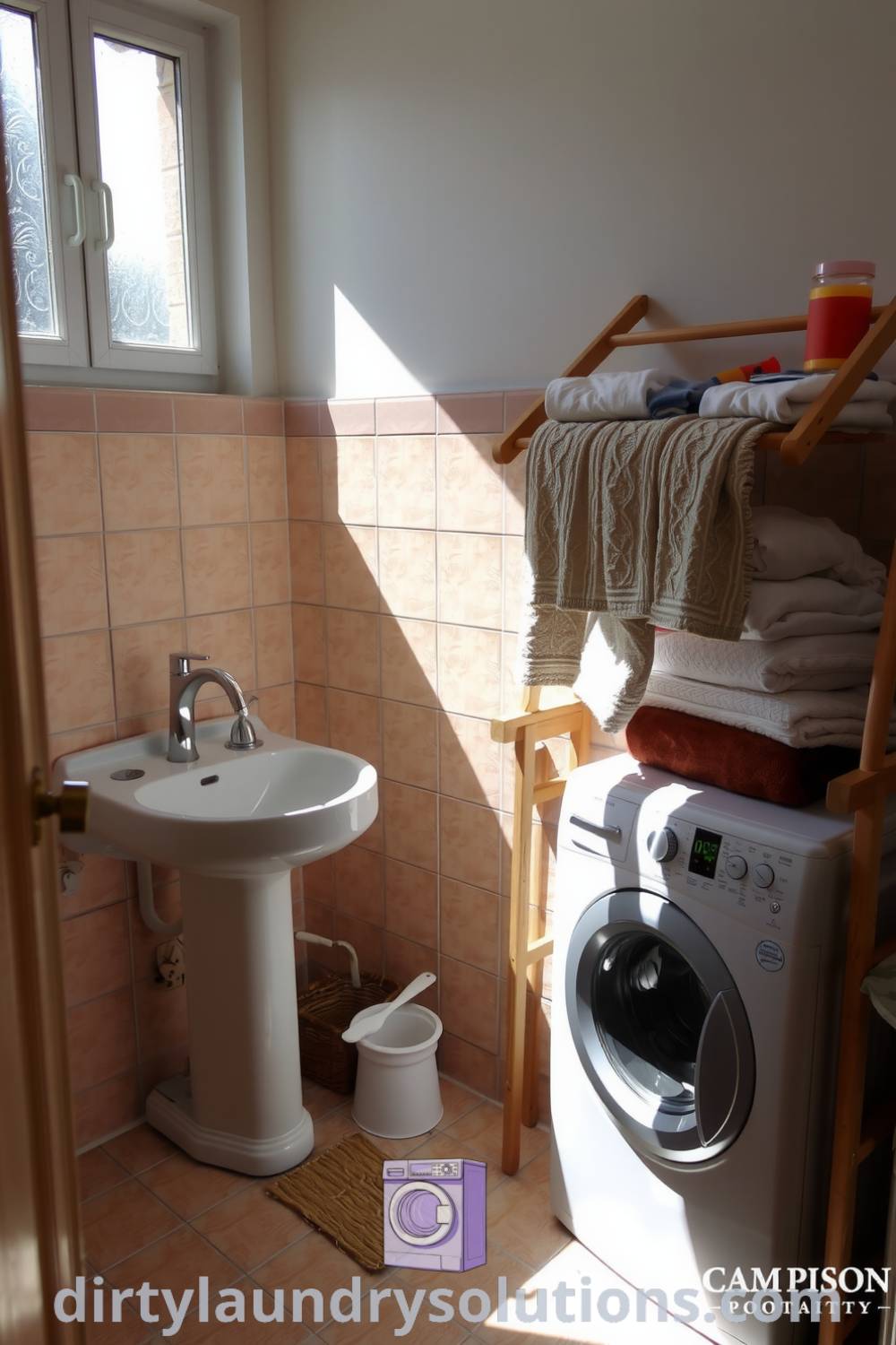 Cozy laundry bathroom with soft neutral tones, warm wooden accents, vintage-style basin, and neatly folded towels, blending functionality and comfort seamlessly. Explore unique design ideas for small spaces at dirtylaundrysolutions.com.