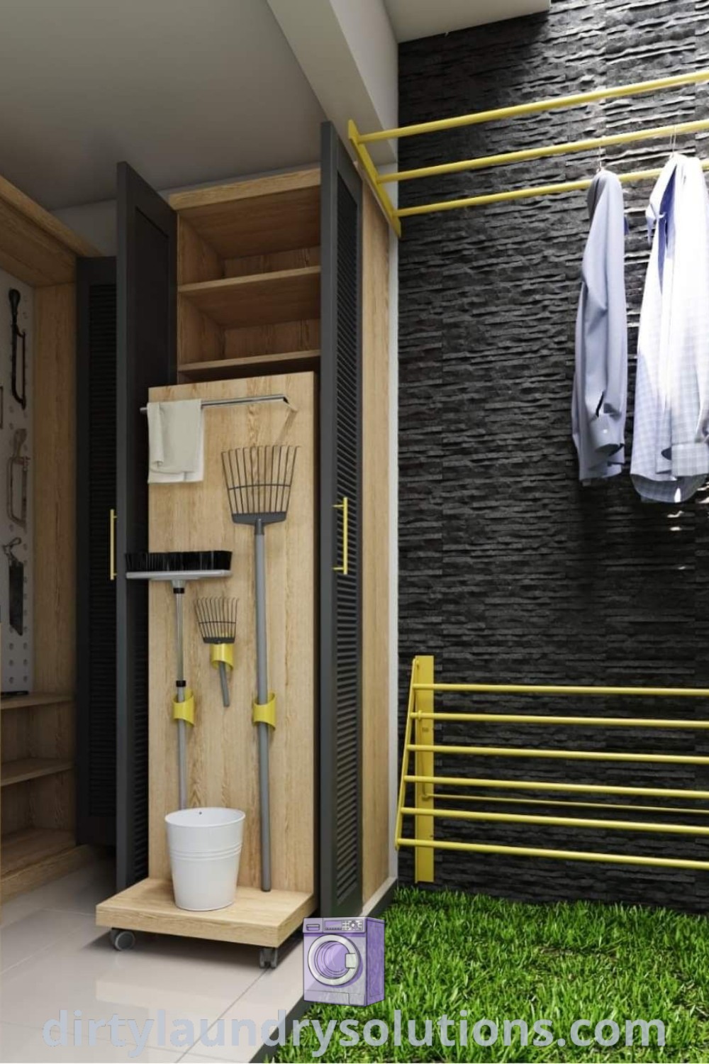 A clean and organized outdoor laundry area designed for small spaces, featuring practical storage and aesthetic decor, perfect for busy homes. Discover effective solutions and inspiring ideas for your laundry room at dirtylaundrysolutions.com.