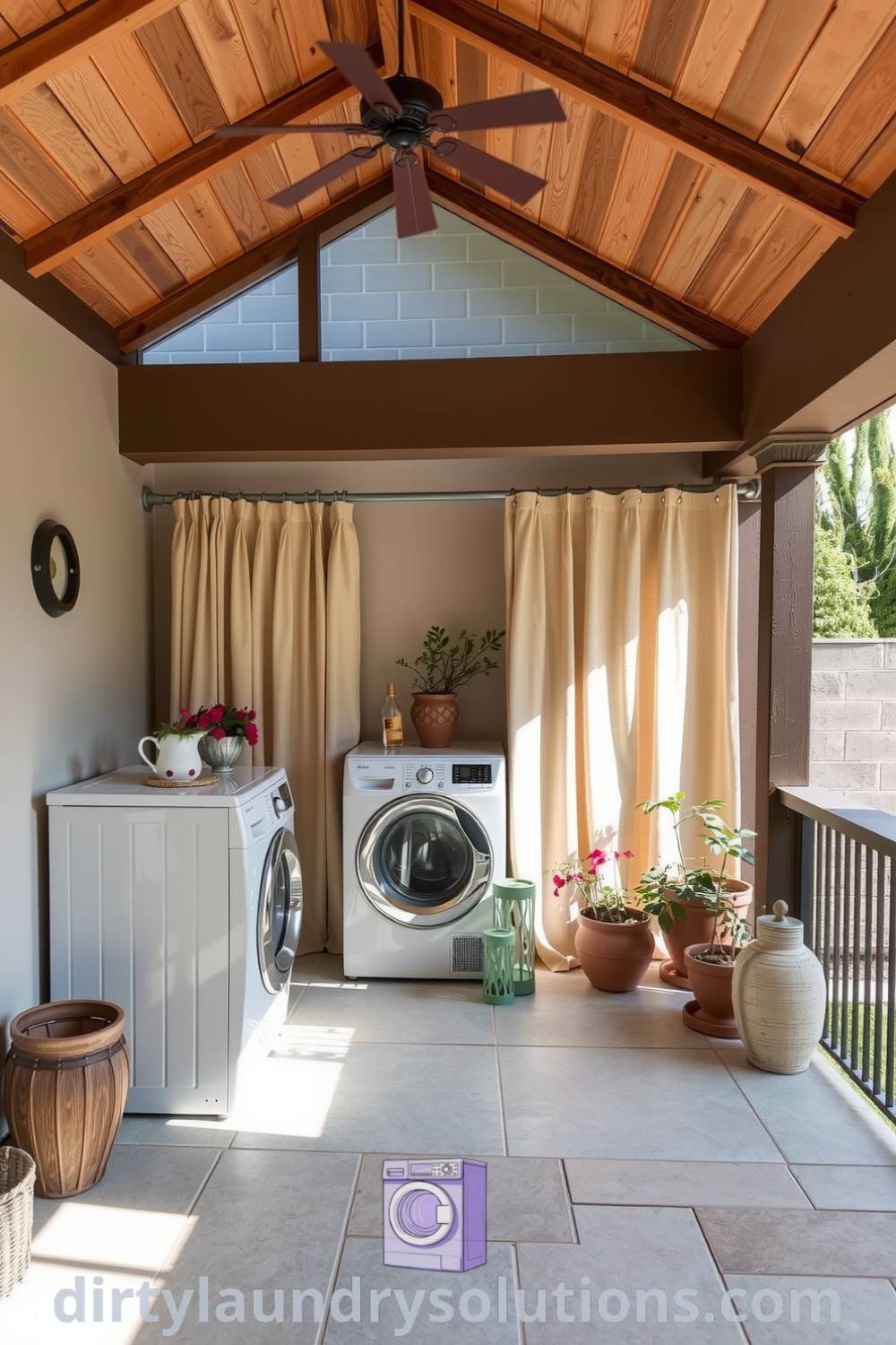 Cozy patio laundry area featuring natural stone flooring, rustic wooden beams, soft sun-faded curtains, and potted plants for a warm, inviting atmosphere. Discover inspiring ideas for your home at dirtylaundrysolutions.com.