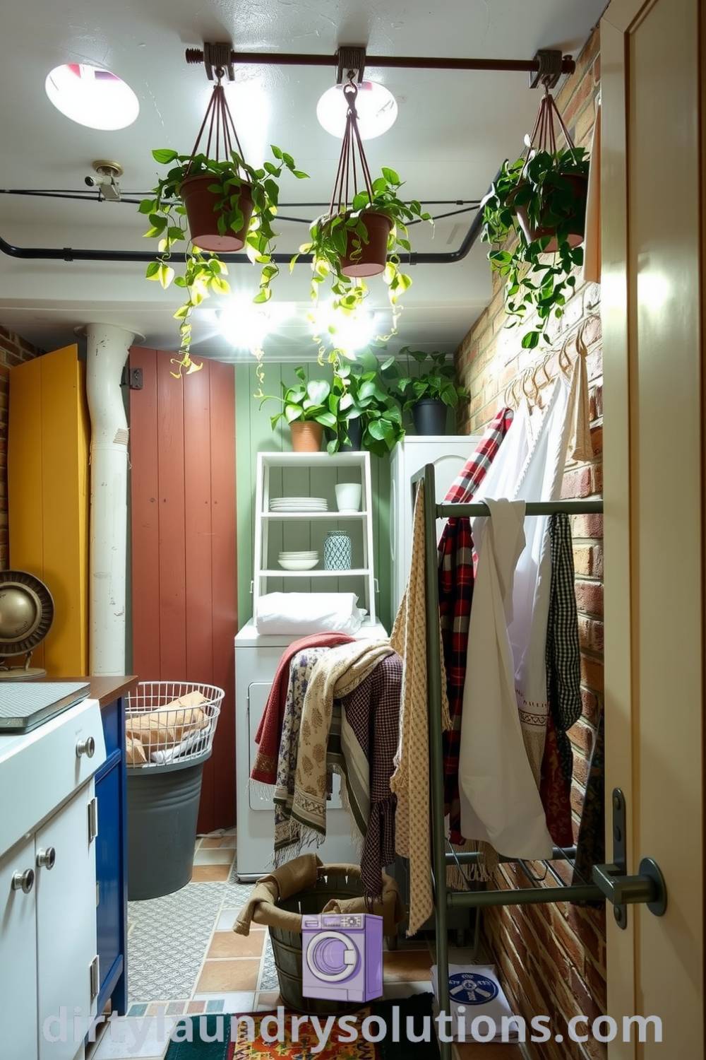 Cozy bohemian basement laundry with soft lighting, mismatched tiles, hanging plants, and colorful linens, creating an inviting space that blends functionality with artistic flair. Explore inspiring ideas for your home at dirtylaundrysolutions.com.