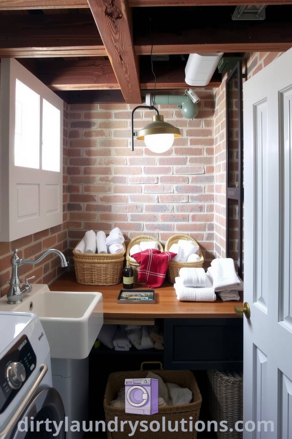 Cozy basement laundry with exposed brick walls, wooden beams, pendant lighting, vintage faucet, wicker baskets, and a wooden countertop, creating a charming, functional space. Discover inspiring ideas for your home at dirtylaundrysolutions.com.