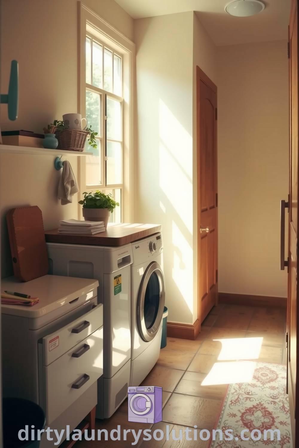 Cozy hallway laundry featuring soft-toned walls, light-toned wood cabinetry, vintage tile floor, and a folding area illuminated by natural light. Explore inspiring ideas for your home at dirtylaundrysolutions.com.