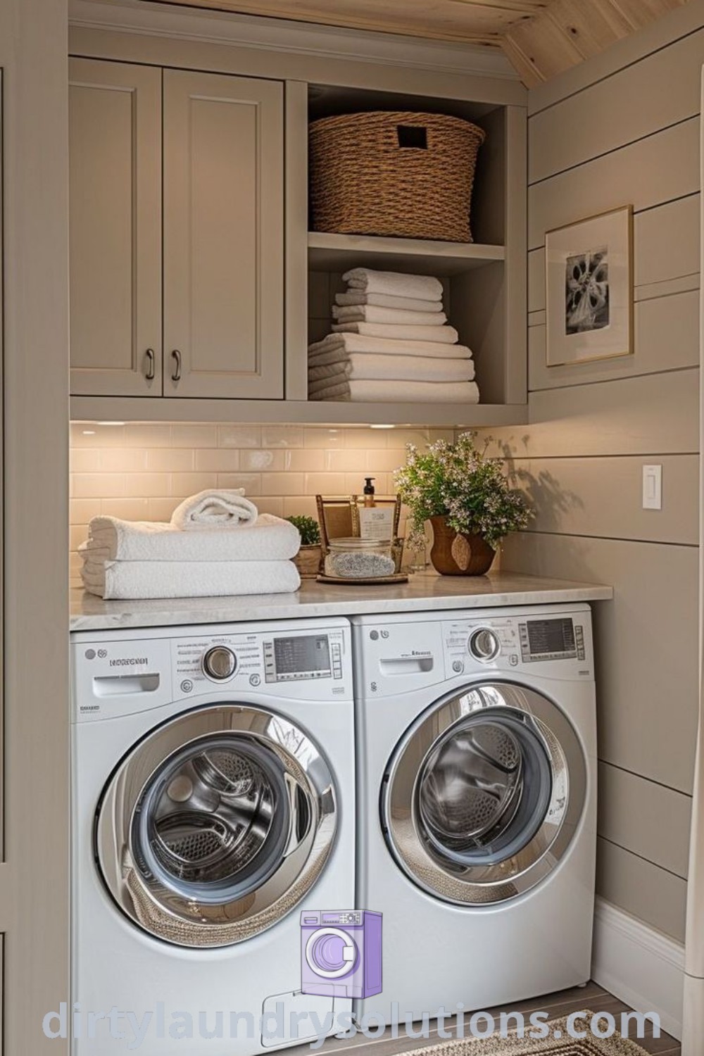 A small room showcasing a washer and dryer, perfect for maximizing space efficiency. This setup includes organization ideas for busy homes and is featured on dirtylaundrysolutions.com.