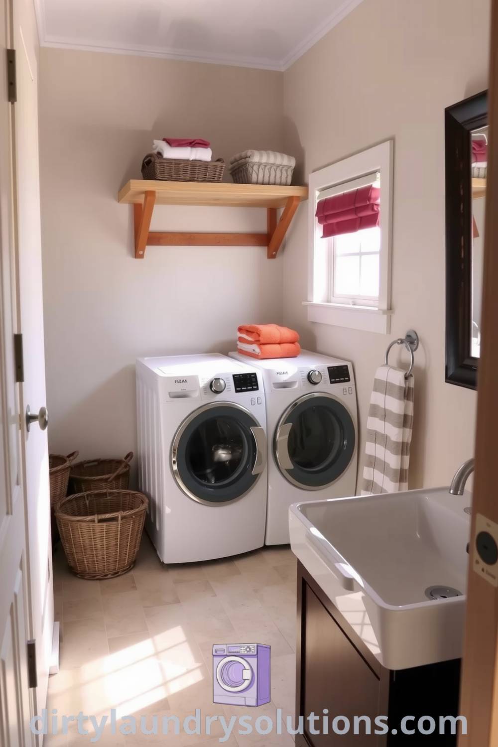 Cozy laundry nook with sleek washer and dryer, warm light, soft-toned walls, wicker baskets, and vibrant towels, creating an inviting atmosphere for everyday chores. Discover inspiring ideas for small spaces at dirtylaundrysolutions.com.