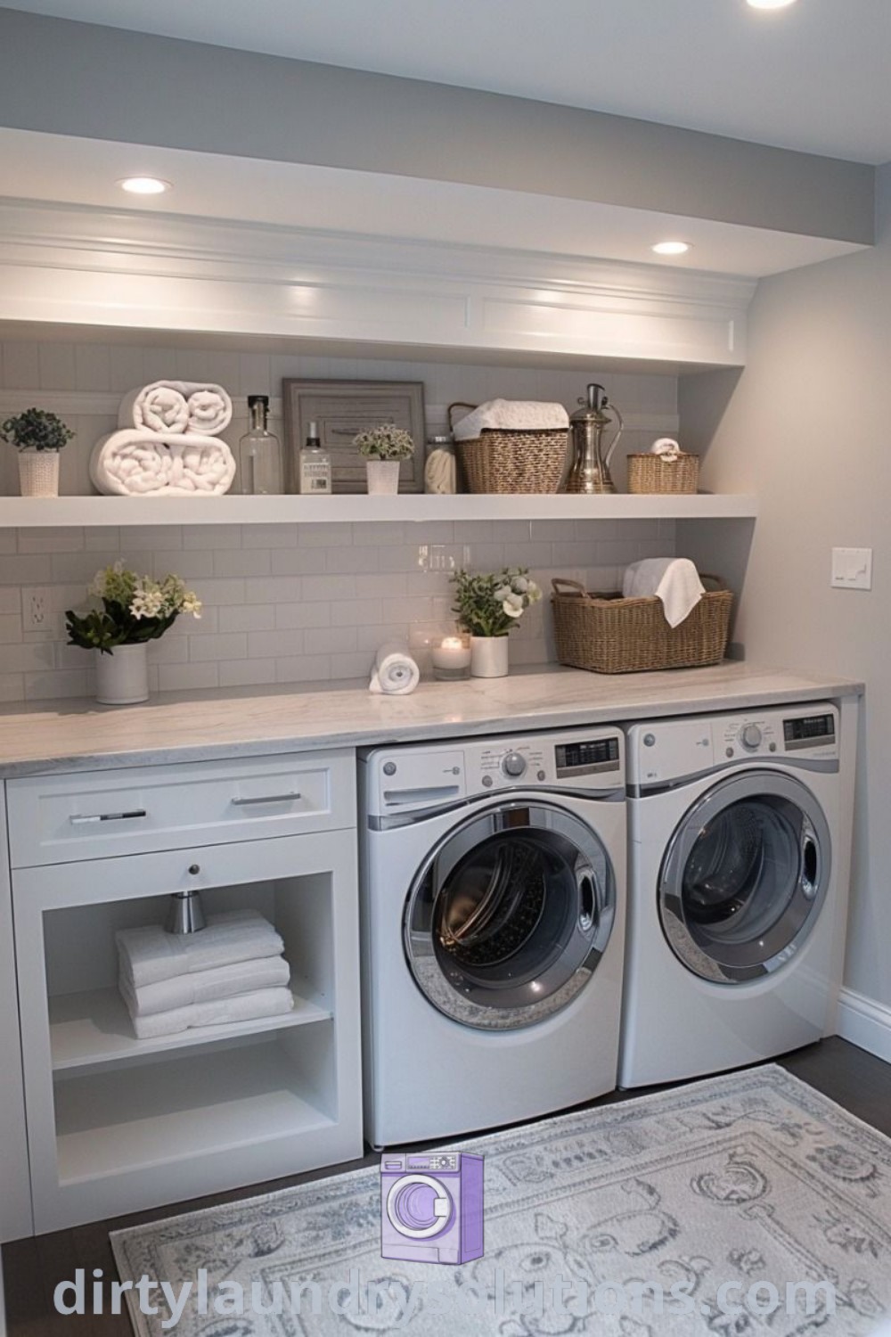 A modern laundry room showcasing a washer and dryer next to a shelf overflowing with towels, exemplifying organization ideas and stylish decor. Discover inspiring laundry room layouts and solutions at dirtylaundrysolutions.com.