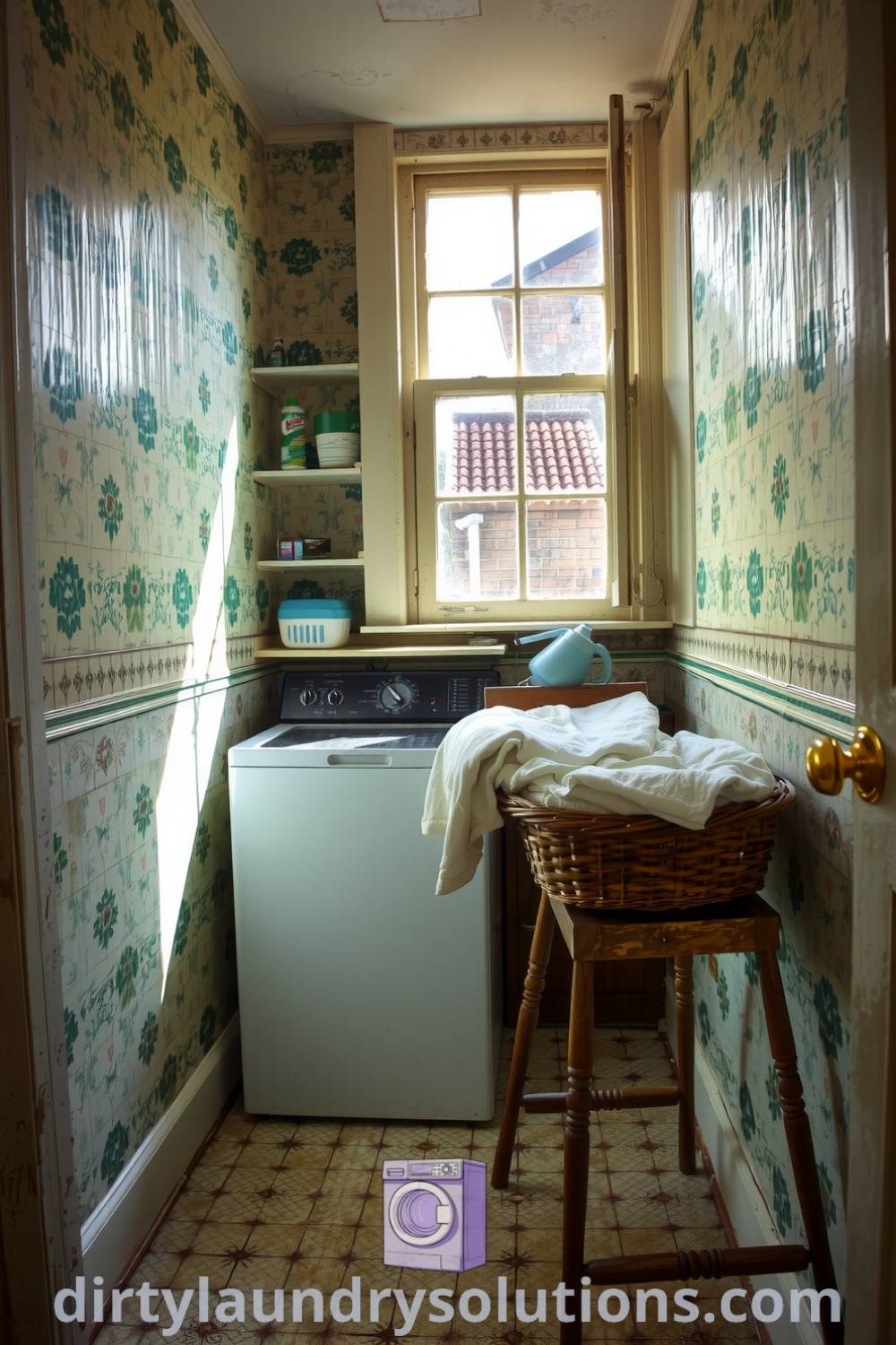 Cozy retro laundry space featuring faded wallpaper, a vintage folding table, and a basket of freshly laundered clothes. Sunlight creates a warm atmosphere in this charming nook, perfect for home inspiration and organization ideas for busy homes. Explore more cozy ideas at dirtylaundrysolutions.com.